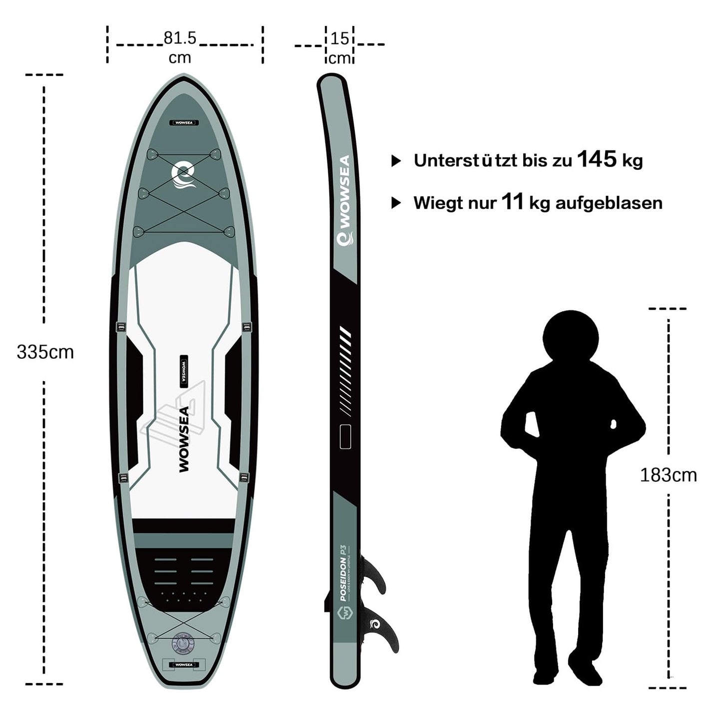 WOWSEA Poseidon P3 Aufblasbares Paddle Board, Langlebiges und Stabiles Touren Paddelboard, Reisen & Freizeit SUP Board mit iSUP Zubehör, Gute Wahl für Aquatische Lehre und Erholung