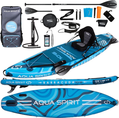 Aqua Spirit SUP Board Aufblasbares Standup Stand Up Paddle Board/Paddel Kajak | 320x81x15cm | Satz mit Paddel, Sitz, Rucksack, Pumpe und weiterem Zubehör | Erwachsene Anfänger/Experten (Blau)