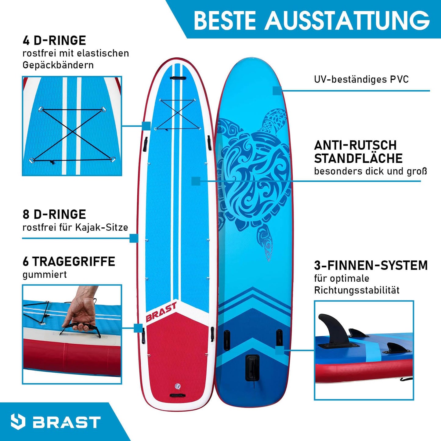 BRAST® SUP Board Family XXL 370x87x15 cm | bis 210 kg | 7 Designs | inkl. 2 Kajak-Sitze, 2 Paddel, Pumpe, Fußschlaufen, Rucksack – Modell Turtle