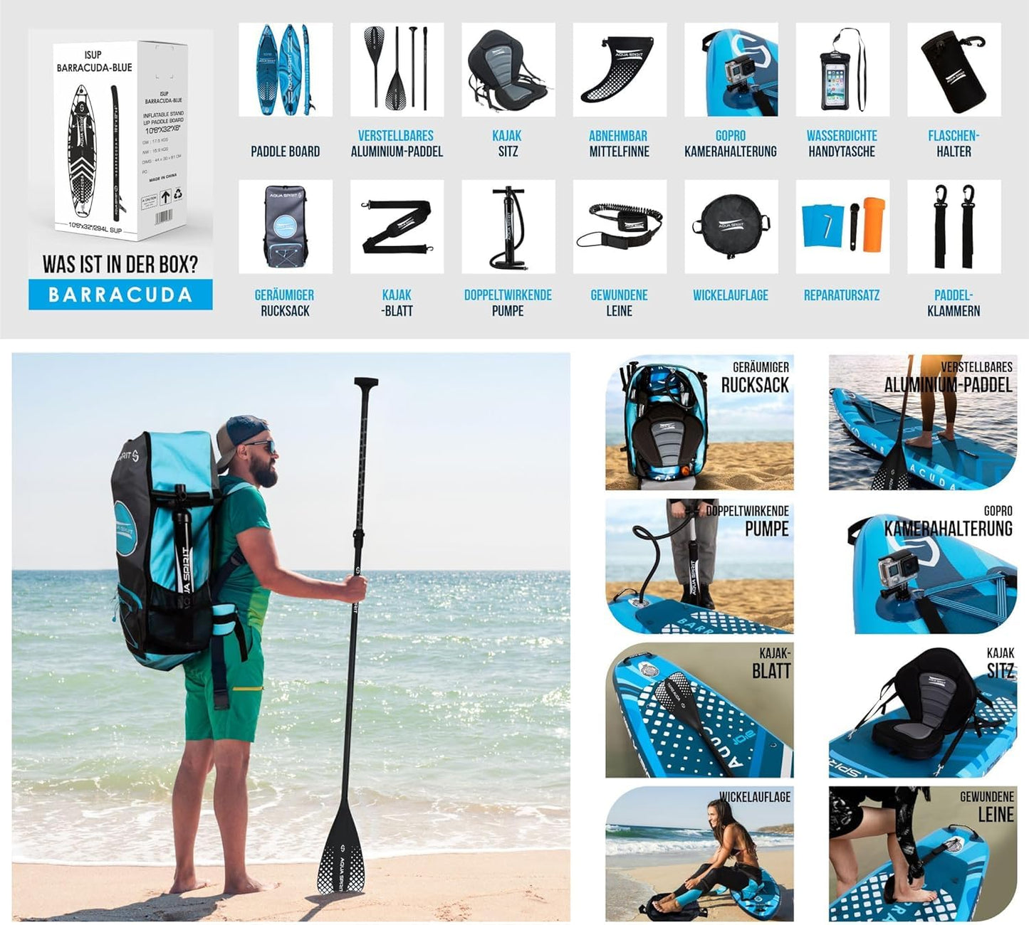 Aqua Spirit SUP Board Aufblasbares Standup Stand Up Paddle Board/Paddel Kajak | 320x81x15cm | Satz mit Paddel, Sitz, Rucksack, Pumpe und weiterem Zubehör | Erwachsene Anfänger/Experten (Blau)