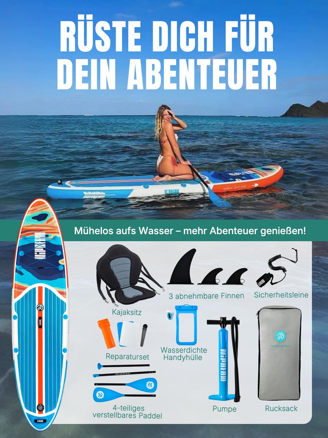Niphean Stand up Paddle Board for Adults mit Allem Zubehör, 320cm Paddleboard für Aller Fähigkeitsniveaus, SUP mit 200kg Tragkraft für 2 Personen, Stand up Paddling Board mit Sitz