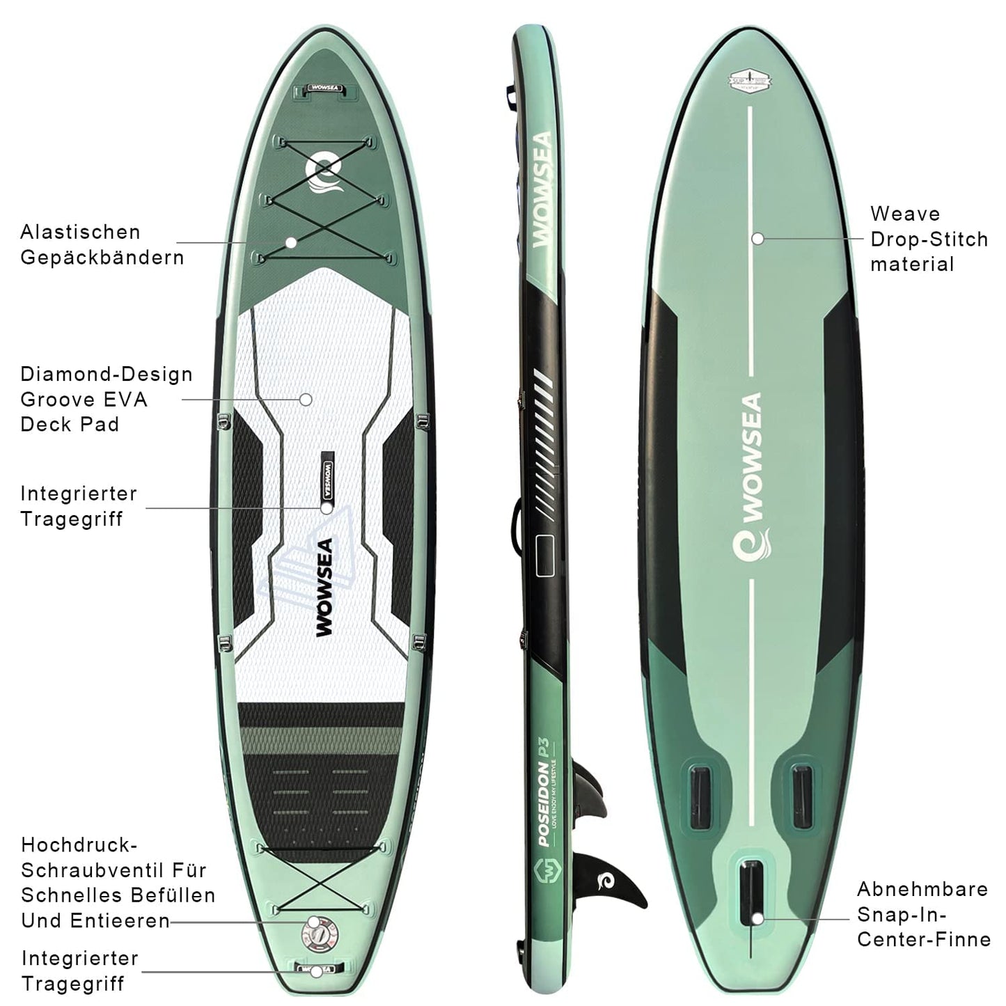 WOWSEA Poseidon P3 Aufblasbares Paddle Board, Langlebiges und Stabiles Touren Paddelboard, Reisen & Freizeit SUP Board mit iSUP Zubehör, Gute Wahl für Aquatische Lehre und Erholung
