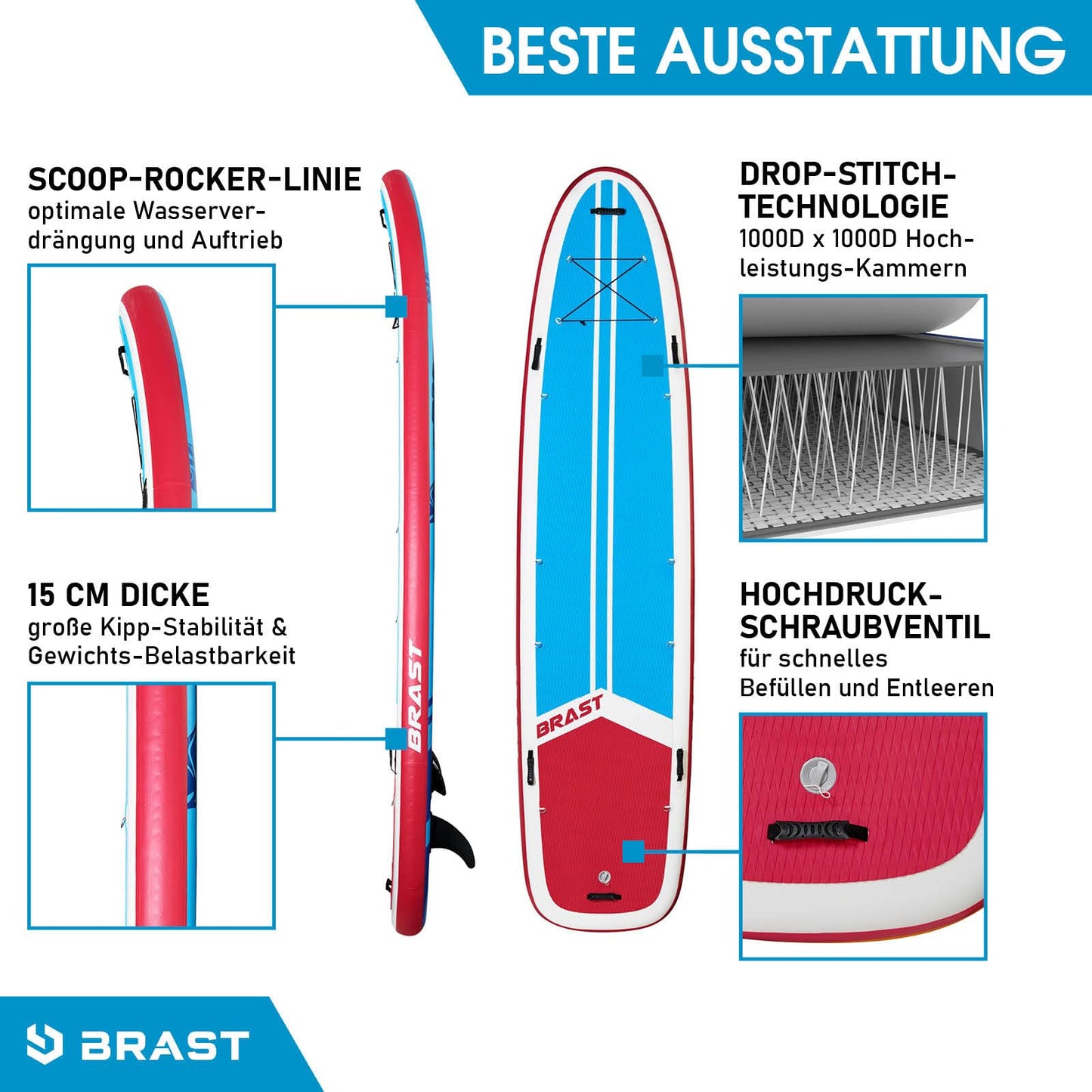 BRAST® SUP Board Family XXL 370x87x15 cm | bis 210 kg | 7 Designs | inkl. 2 Kajak-Sitze, 2 Paddel, Pumpe, Fußschlaufen, Rucksack – Modell Turtle