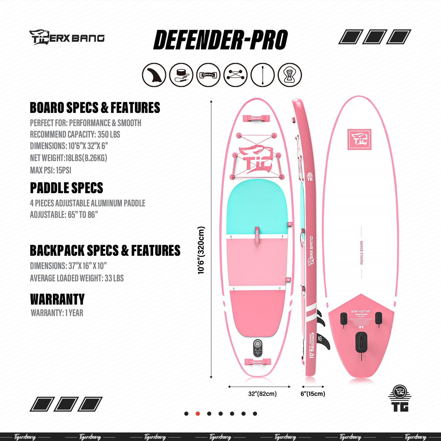 TIGERXBANG SUP Boards Stand Up Paddling Board 320x82x15cm, aufblasbare Paddle-Boards mit Doppelschläger-Paddel, Kajak-Sitz, Defender-Pro-Kollektion Rosa
