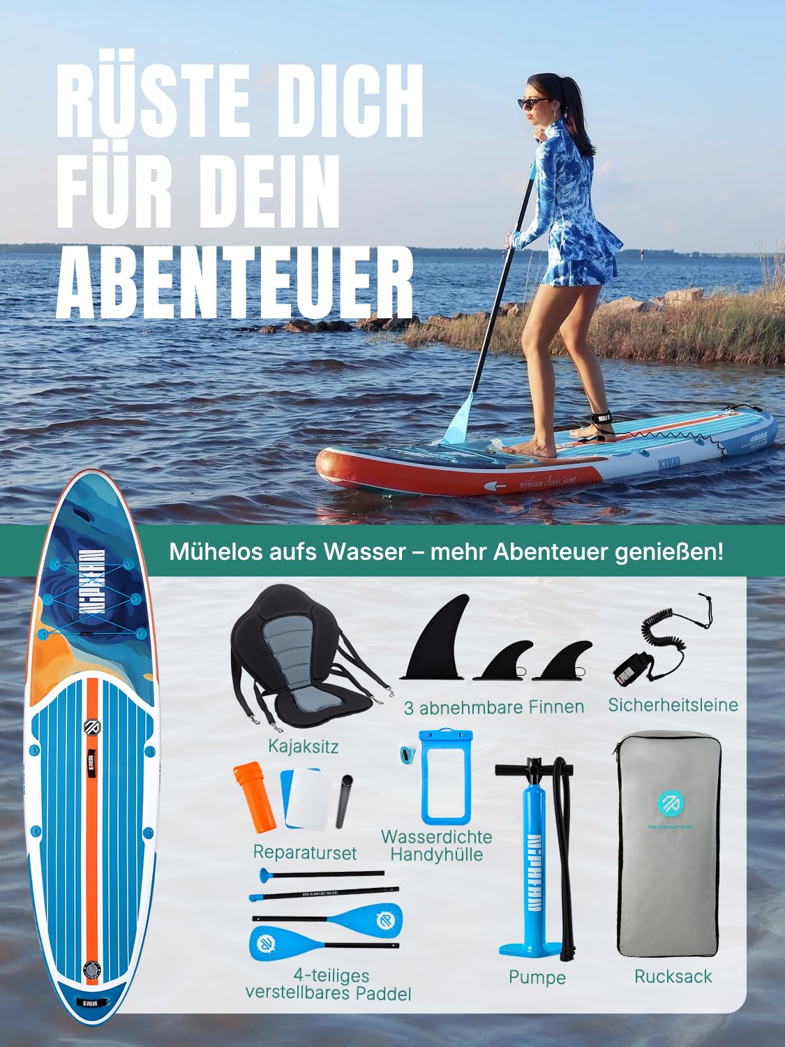 Niphean Stand up Paddle Board for Adults mit Allem Zubehör, 320cm Paddleboard für Aller Fähigkeitsniveaus, SUP mit 200kg Tragkraft für 2 Personen, Stand up Paddling Board mit Sitz