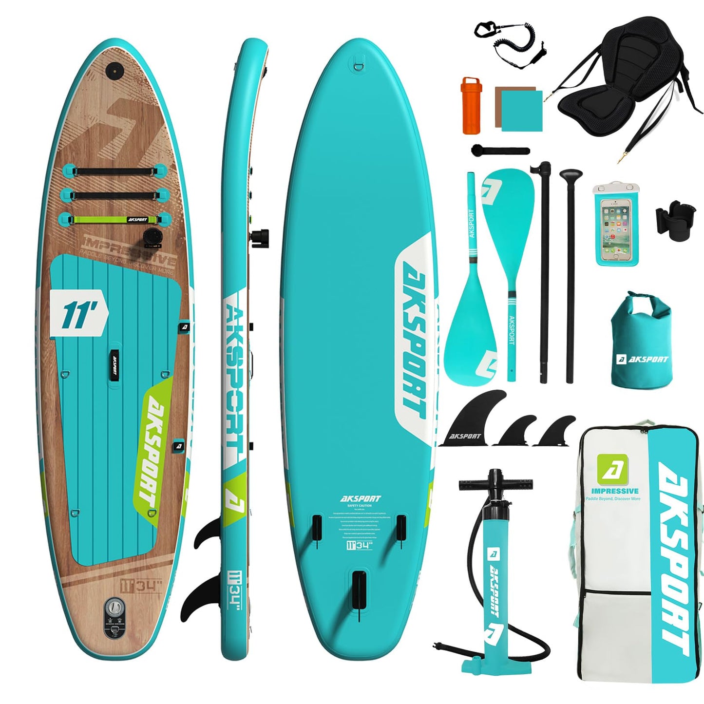 AKSPORT 11' Aufblasbares SUP Board mit Zubehör, breites rutschfestes Design – 2-in-1 Paddleboard/Kajak zum Paddeln & Angeln