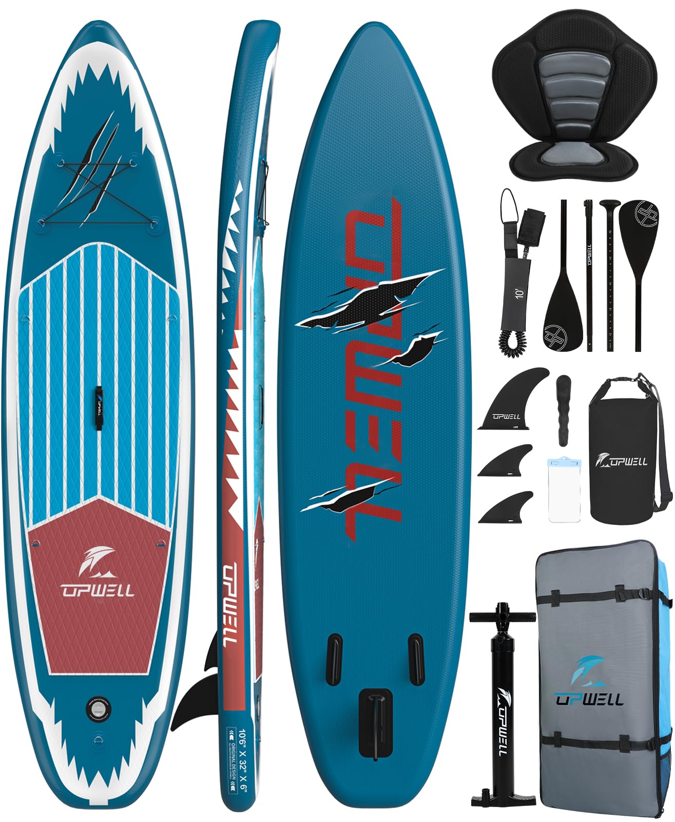 UPWELL 320x81x15cm Aufblasbares Stand Up Paddling Board mit Sitz, SUP Board Standup Paddle Board Paddleboard, Blue Shark