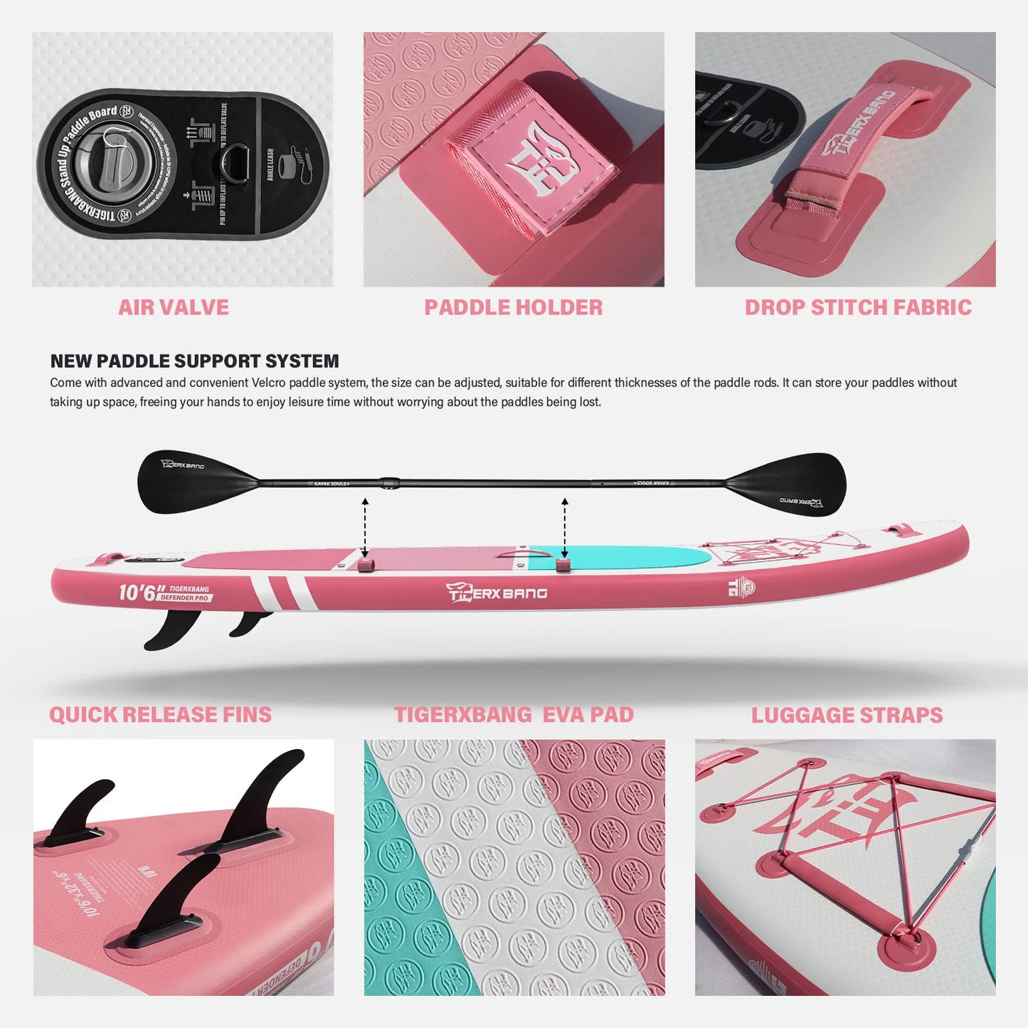 TIGERXBANG SUP Boards Stand Up Paddling Board 320x82x15cm, aufblasbare Paddle-Boards mit Doppelschläger-Paddel, Kajak-Sitz, Defender-Pro-Kollektion Rosa
