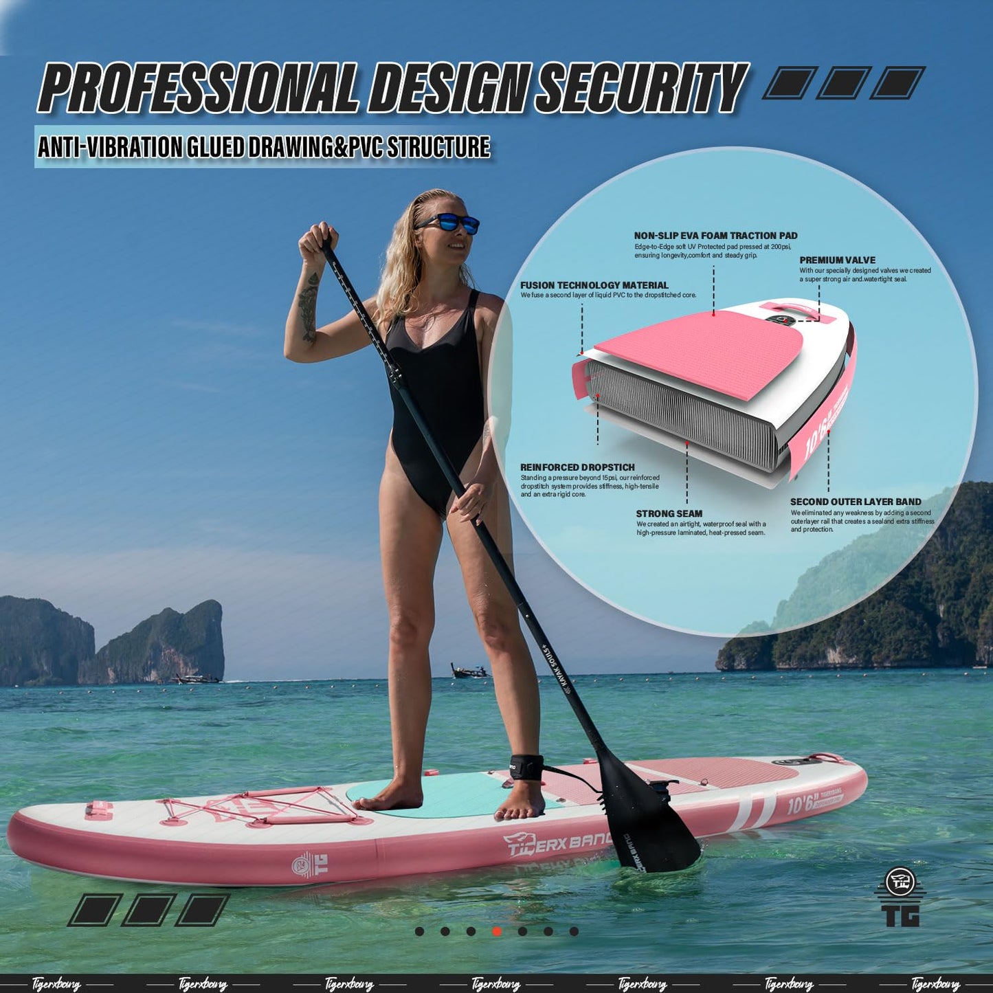 TIGERXBANG SUP Boards Stand Up Paddling Board 320x82x15cm, aufblasbare Paddle-Boards mit Doppelschläger-Paddel, Kajak-Sitz, Defender-Pro-Kollektion Rosa