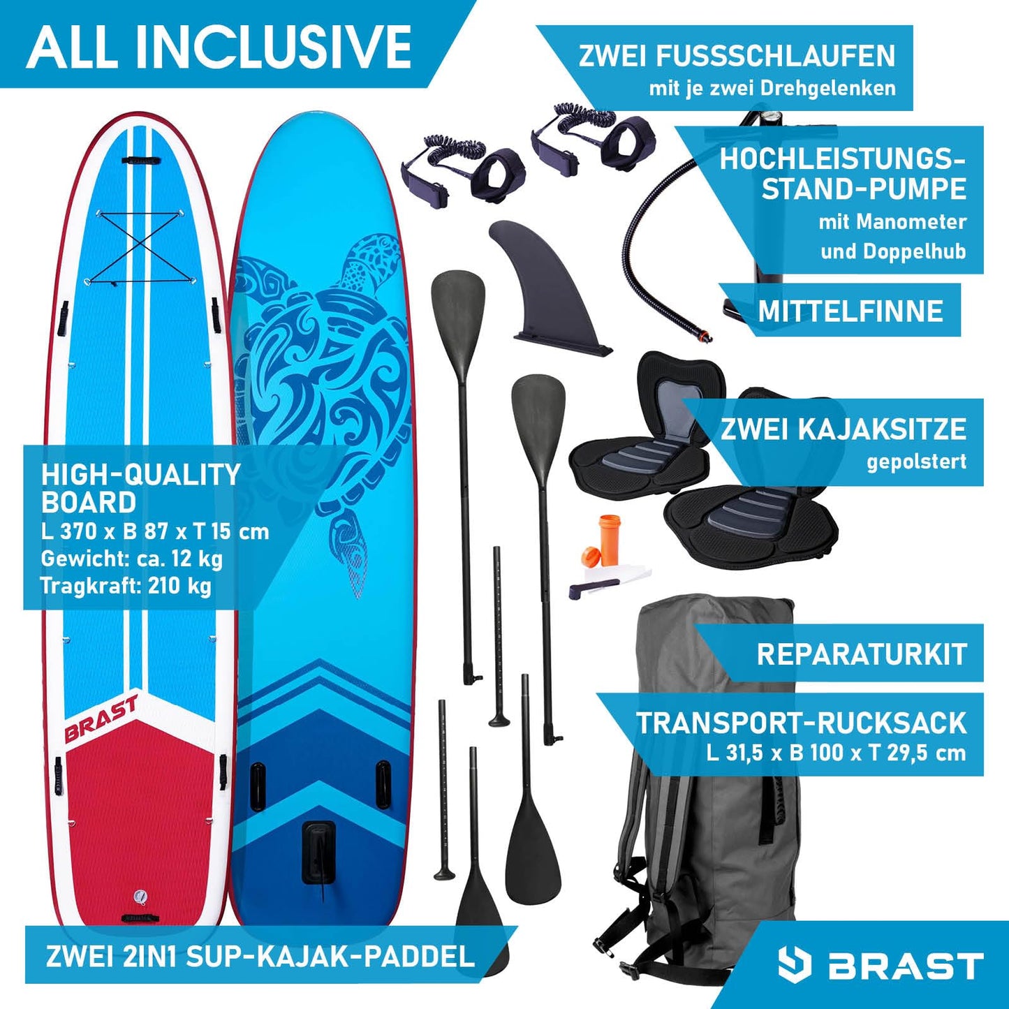 BRAST® SUP Board Family XXL 370x87x15 cm | bis 210 kg | 7 Designs | inkl. 2 Kajak-Sitze, 2 Paddel, Pumpe, Fußschlaufen, Rucksack – Modell Turtle