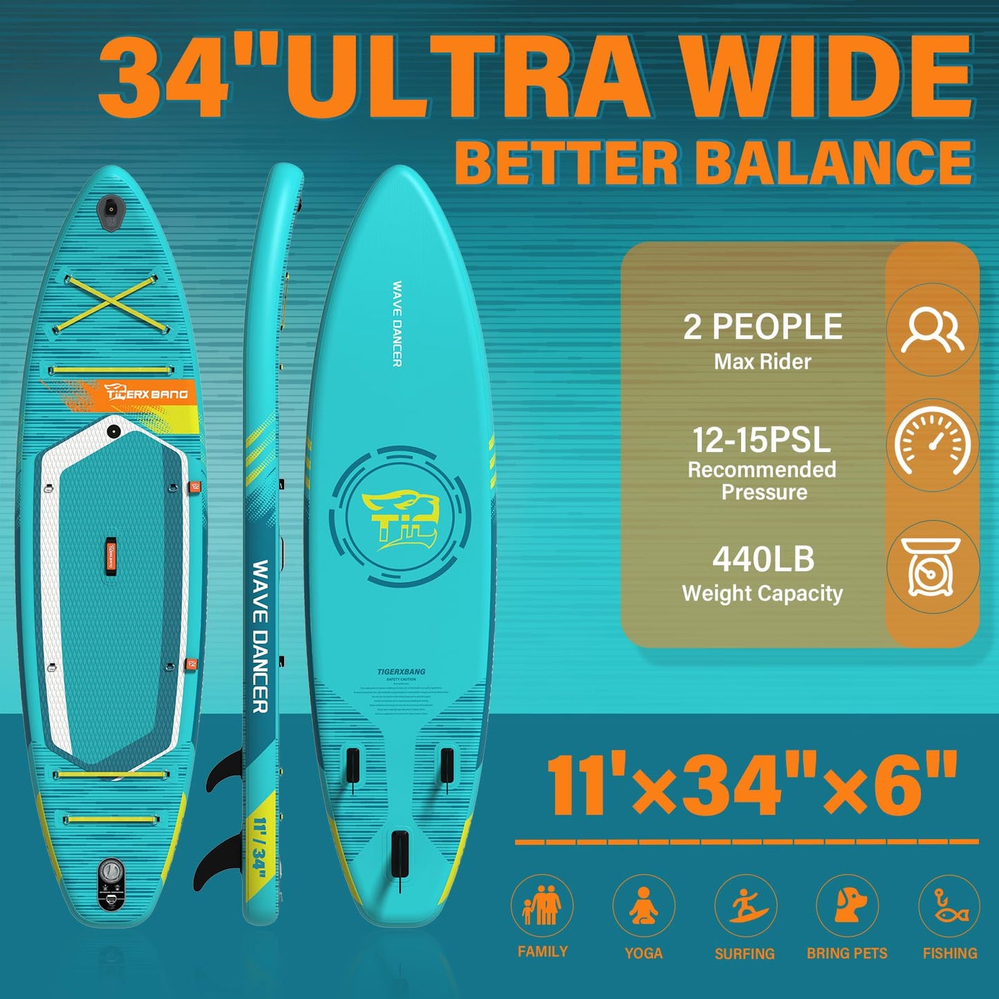 TIGERXBANG Aufblasbares Stand Up Paddle Board 335×86×15cm mit komplettem Zubehör, vielseitige Premium Paddle Boards für Erwachsene/Jugendliche, Paddle Board Wave Rider Dancer Collection-Himmelblau