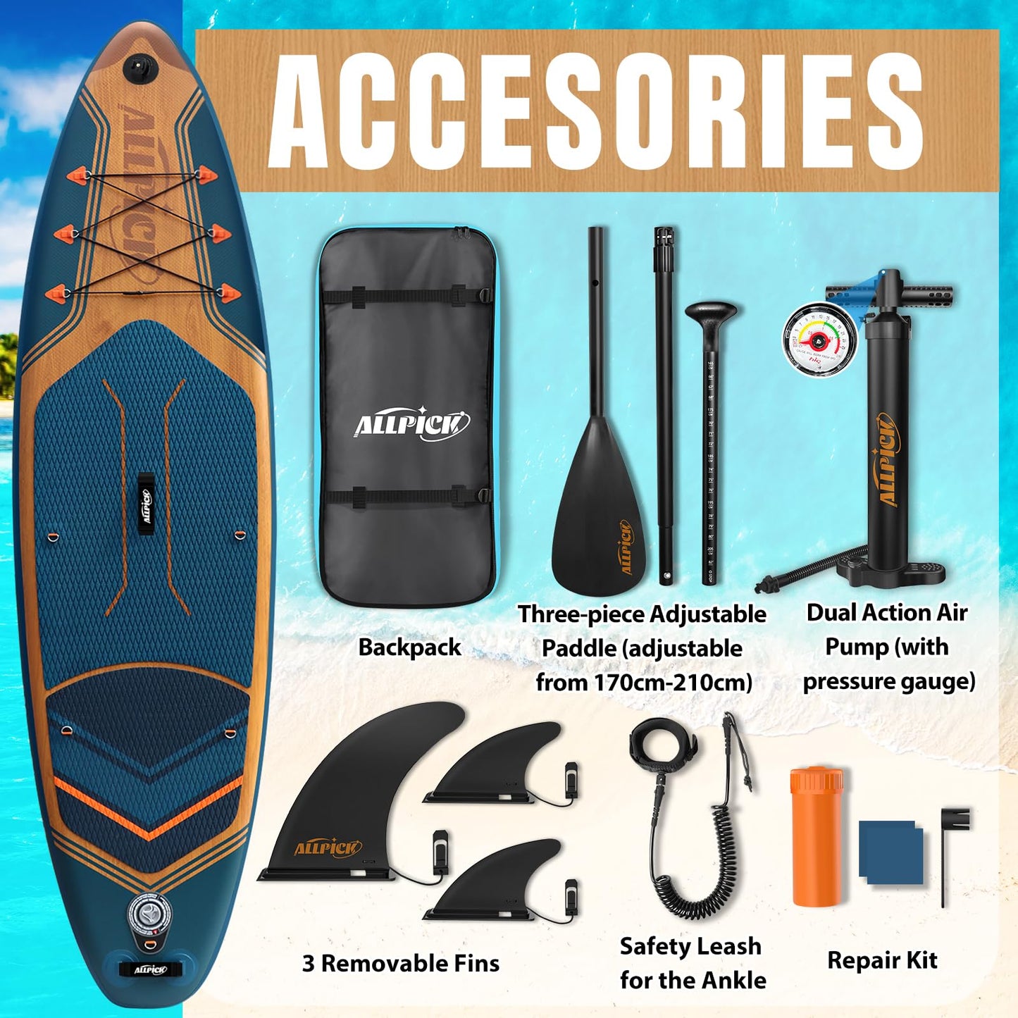 ALLPICK Premium SUP Board Set, Stand Up Paddling Board Aufblasbar, Mit Universal Kamerahalterung, Komplettes Zubehör, Verstellbares Paddel, Anfänger und Fortgeschrittene, 180kg Marineblau