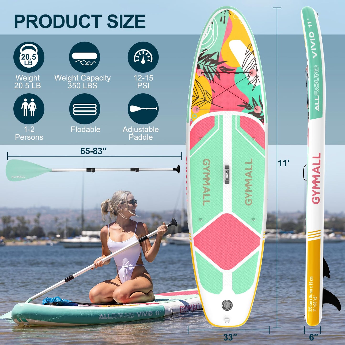 GYMMALL Aufblasbares SUP Board für Erwachsene & Jugendliche | Rutschfestes Deck, breites Design | Inkl. Premium-Zubehör & Aufbewahrungstasche