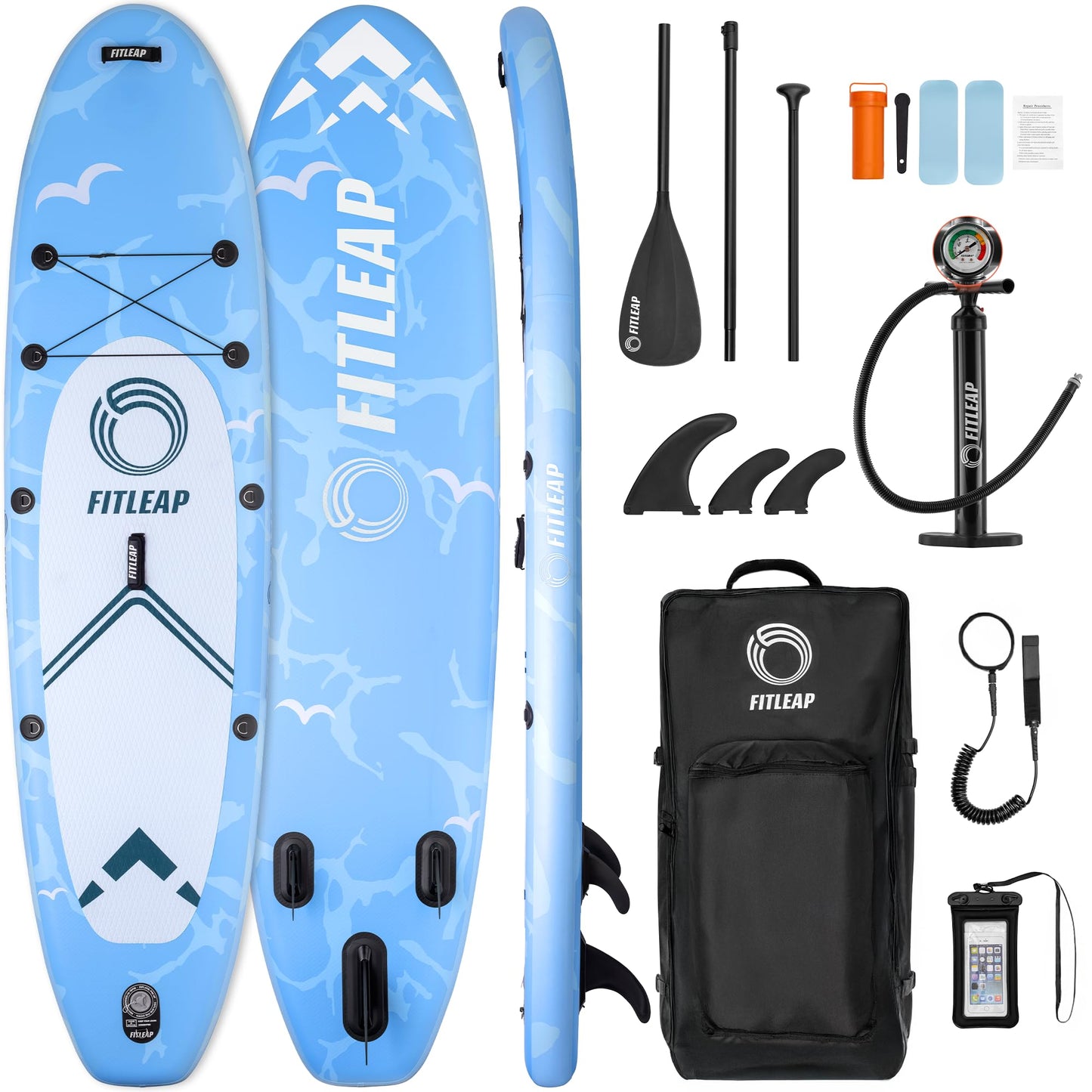 Fitleap Premium Aufblasbares SUP Board Set | Mit Pumpe, verstellbarem Paddel & Rucksack | Für Anfänger & Profis – Yoga, Surfen, Wassersport