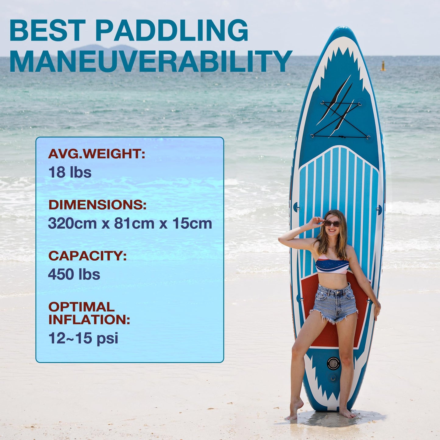 UPWELL 320x81x15cm Aufblasbares Stand Up Paddling Board mit Sitz, SUP Board Standup Paddle Board Paddleboard, Blue Shark