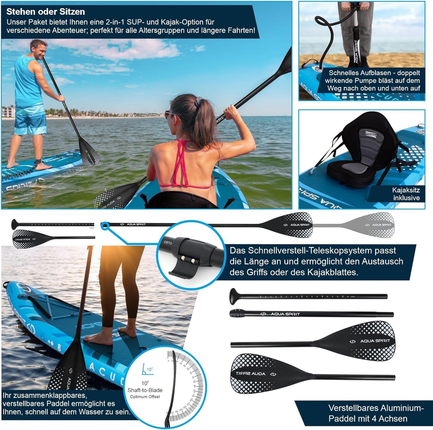 Aqua Spirit SUP Board Aufblasbares Standup Stand Up Paddle Board/Paddel Kajak | 320x81x15cm | Satz mit Paddel, Sitz, Rucksack, Pumpe und weiterem Zubehör | Erwachsene Anfänger/Experten (Blau)