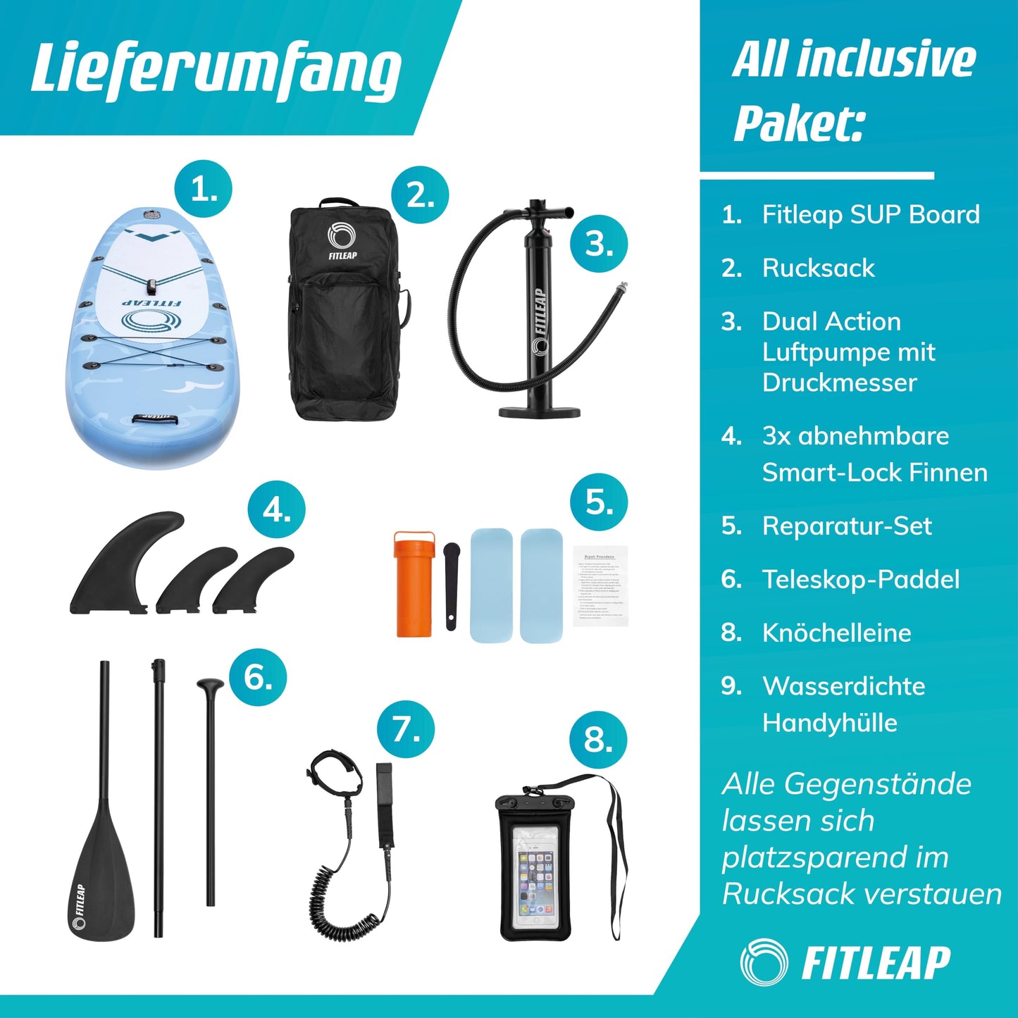 Fitleap Premium Aufblasbares SUP Board Set | Mit Pumpe, verstellbarem Paddel & Rucksack | Für Anfänger & Profis – Yoga, Surfen, Wassersport