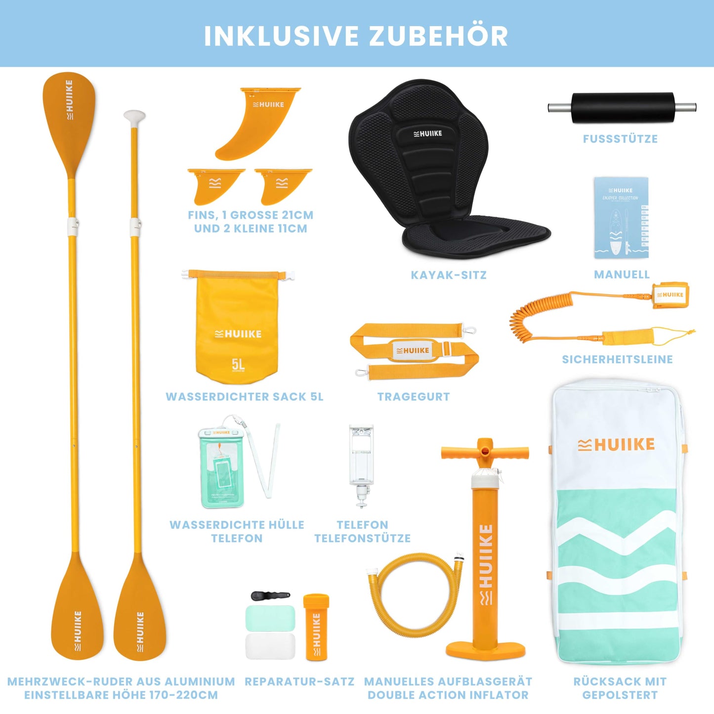 Stand Up Paddling Board Hochwertigem Zubehör - HUIIKE | Sup Board Aufblasbar Stand Up Paddle mit Aluminium-Paddel | Sup Paddel Großer Stabilität und Langlebigkeit | Standup Paddleboard Aufblasbar Set
