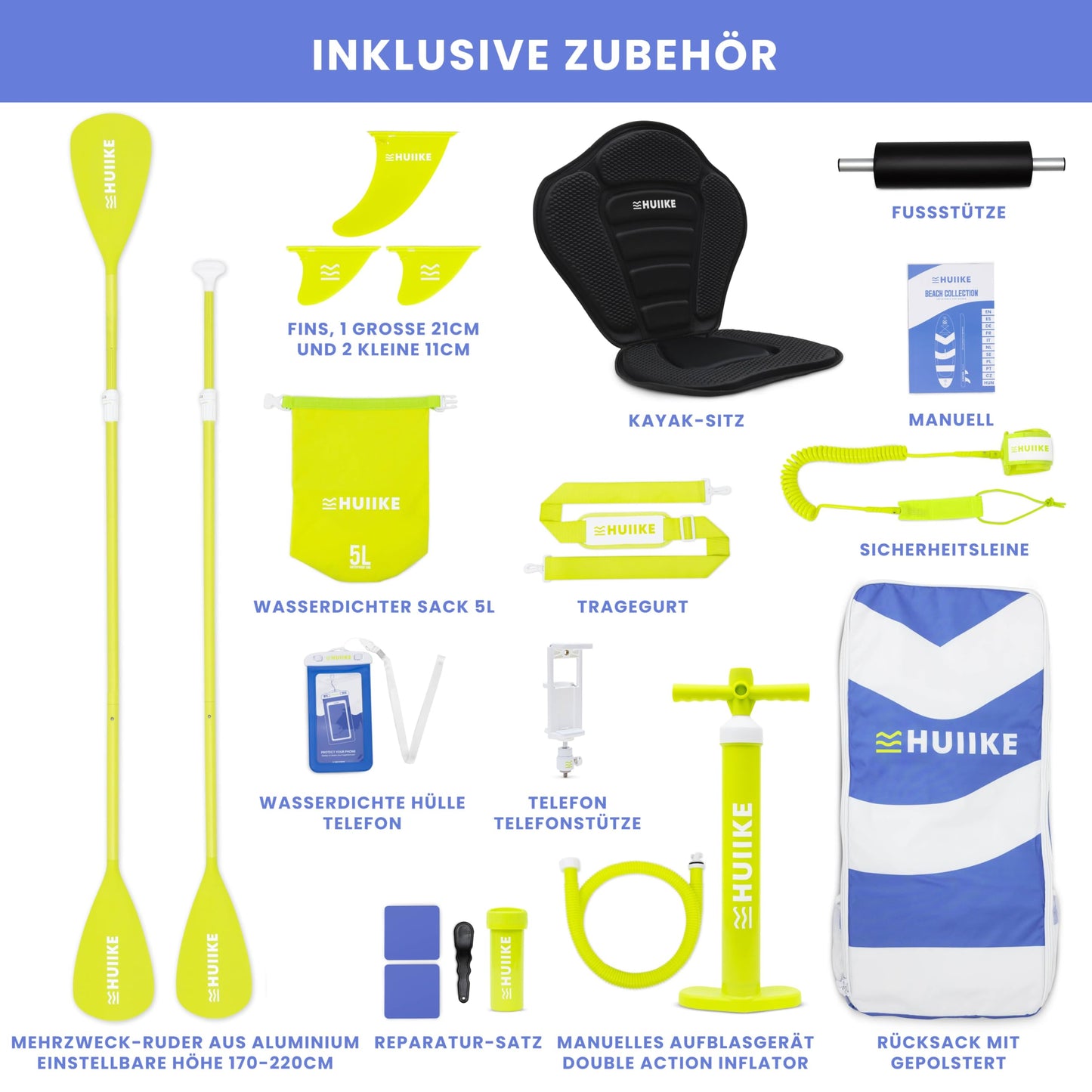 Stand Up Paddling Board Hochwertigem Zubehör - HUIIKE | Sup Board Aufblasbar Stand Up Paddle mit Aluminium-Paddel | Sup Paddel GroĂer StabilitĂ€t und Langlebigkeit | Standup Paddleboard Aufblasbar Set