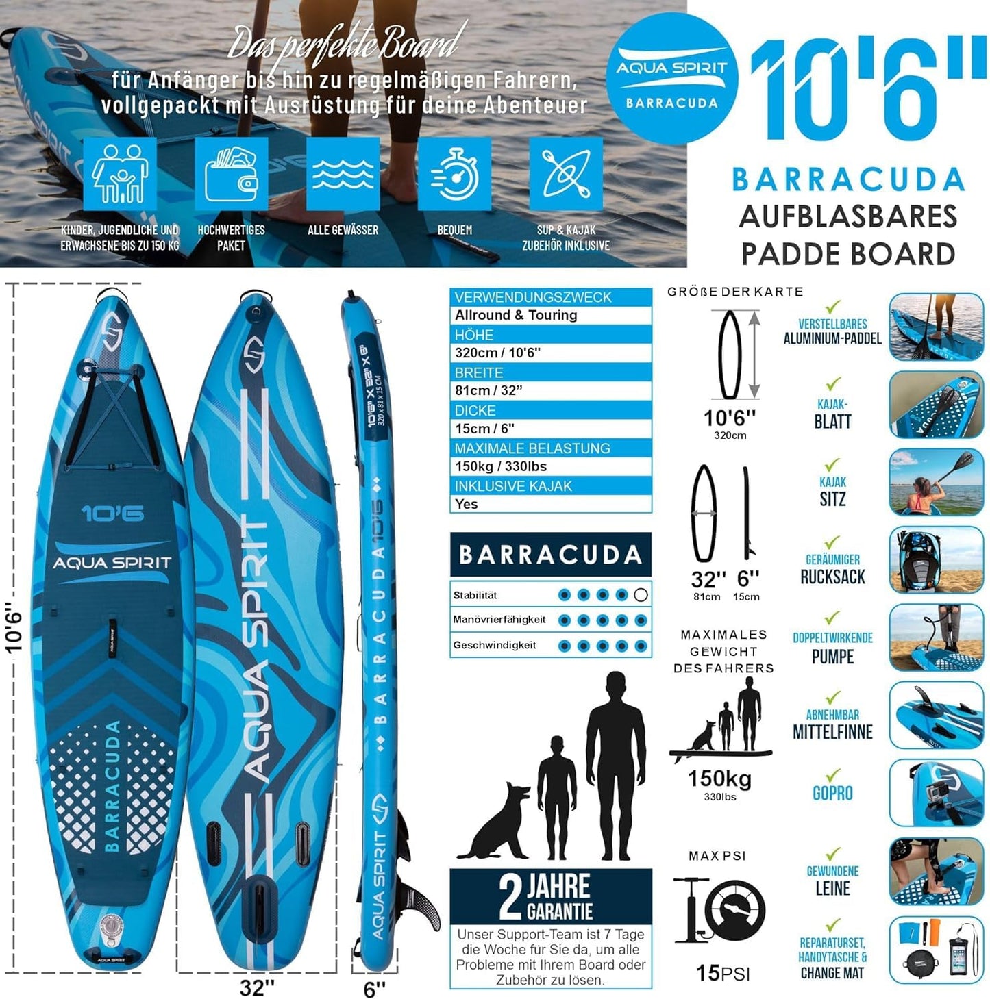 Aqua Spirit SUP Board Aufblasbares Standup Stand Up Paddle Board/Paddel Kajak | 320x81x15cm | Satz mit Paddel, Sitz, Rucksack, Pumpe und weiterem Zubehör | Erwachsene Anfänger/Experten (Blau)