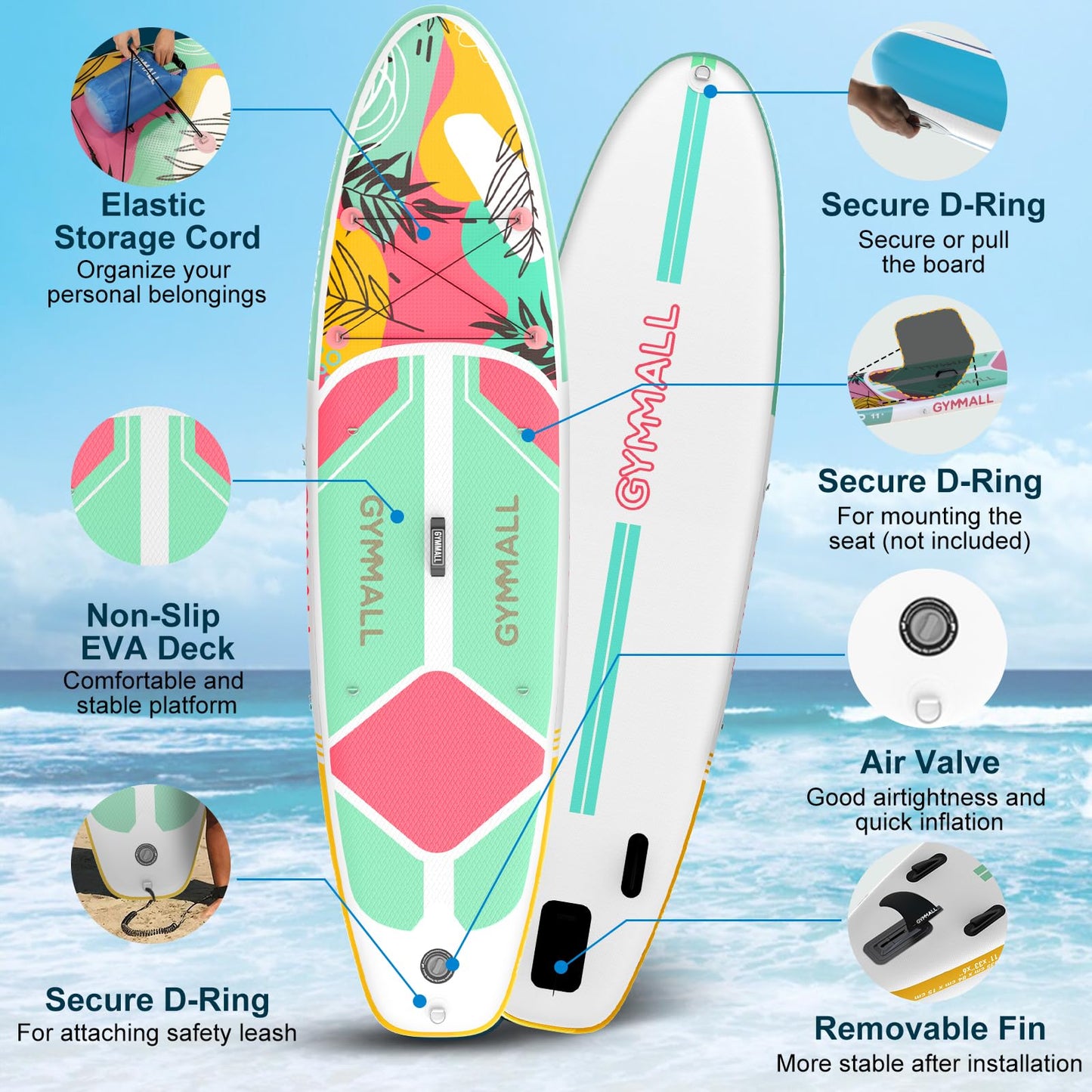 GYMMALL Aufblasbares SUP Board für Erwachsene & Jugendliche | Rutschfestes Deck, breites Design | Inkl. Premium-Zubehör & Aufbewahrungstasche