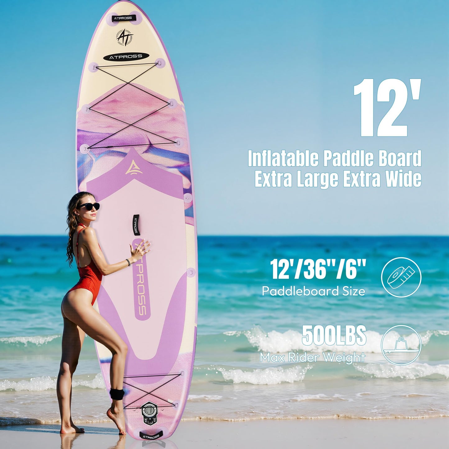 ATPROSS 12'x36 Inflatable Paddle Board, 450lbs Extra Wide Stand Up Paddleboard for Adults with Premium SUP Accessories Kit & Backpack, Blow Up Kayak Non-Slip Stable Deck Boat for Yoga Fishing Surf