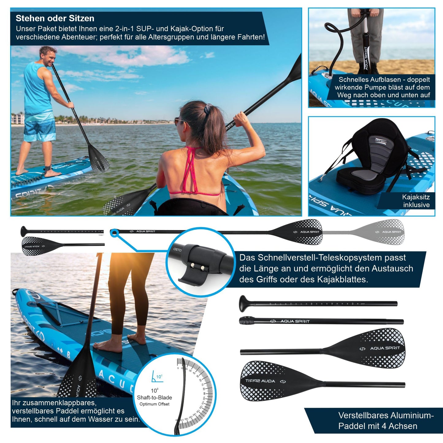 Aqua Spirit SUP Aufblasbares Stand-Up Paddle Board 2024 | 320x81x15cm | Kompletter Kajak-Umbausatz mit Paddel, Rucksack, Pumpe und weiterem Zubehör | Erwachsene Anfänger/Experten | 2 Jahre Garantie