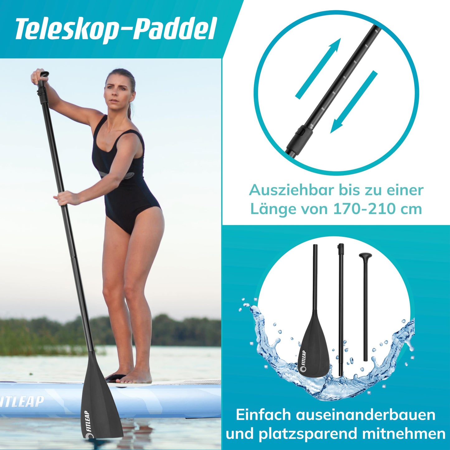Fitleap Premium Aufblasbares SUP Board Set | Mit Pumpe, verstellbarem Paddel & Rucksack | Für Anfänger & Profis – Yoga, Surfen, Wassersport