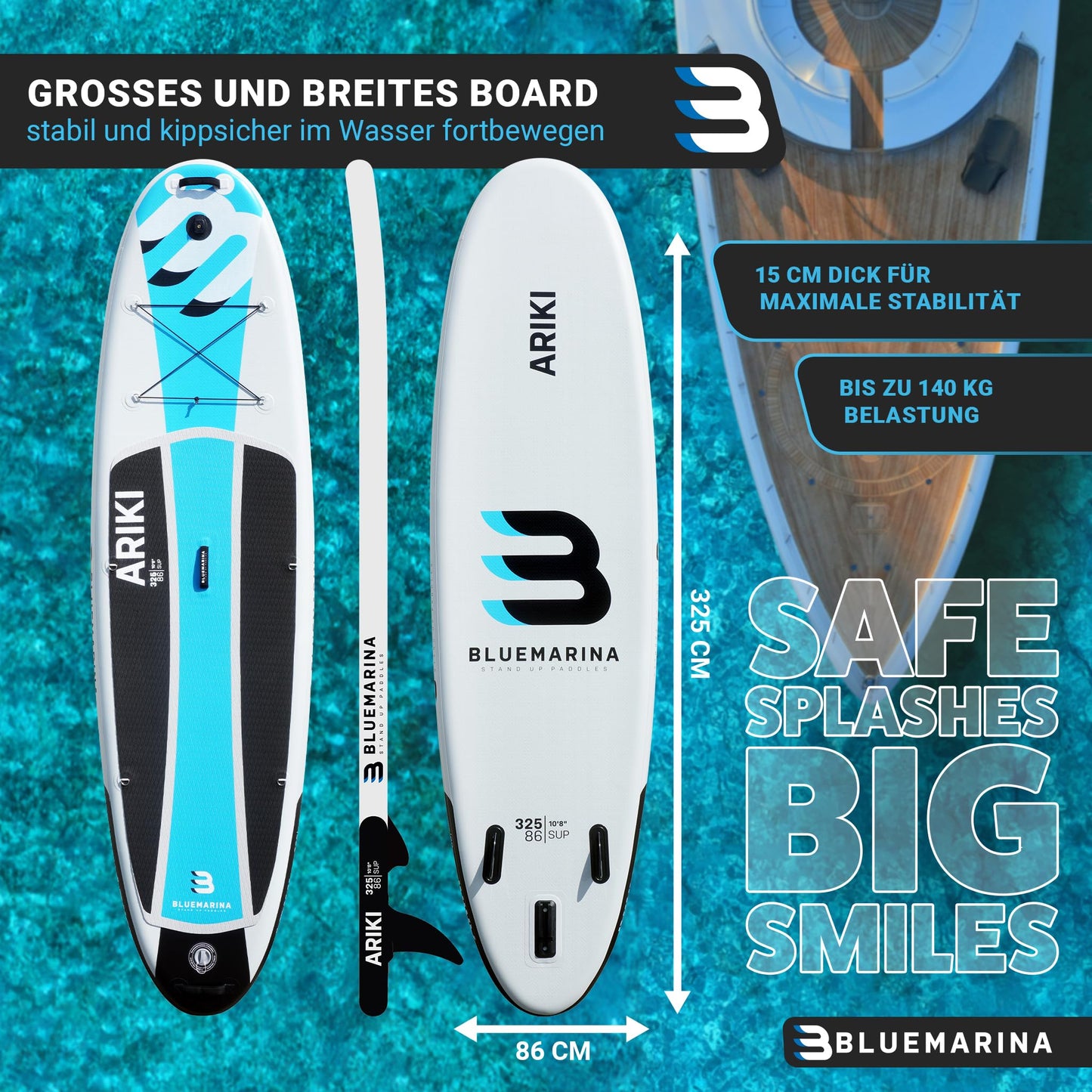 Bluemarina Stand Up Paddle Board aufblasbar Ariki | ๐ ๐๐๐๐๐ ๐๐๐๐๐๐๐๐ - 140 kg Tragkraft - Paddling Set - SUP Board - Surfbrett (Ariki 325x86x15cm)