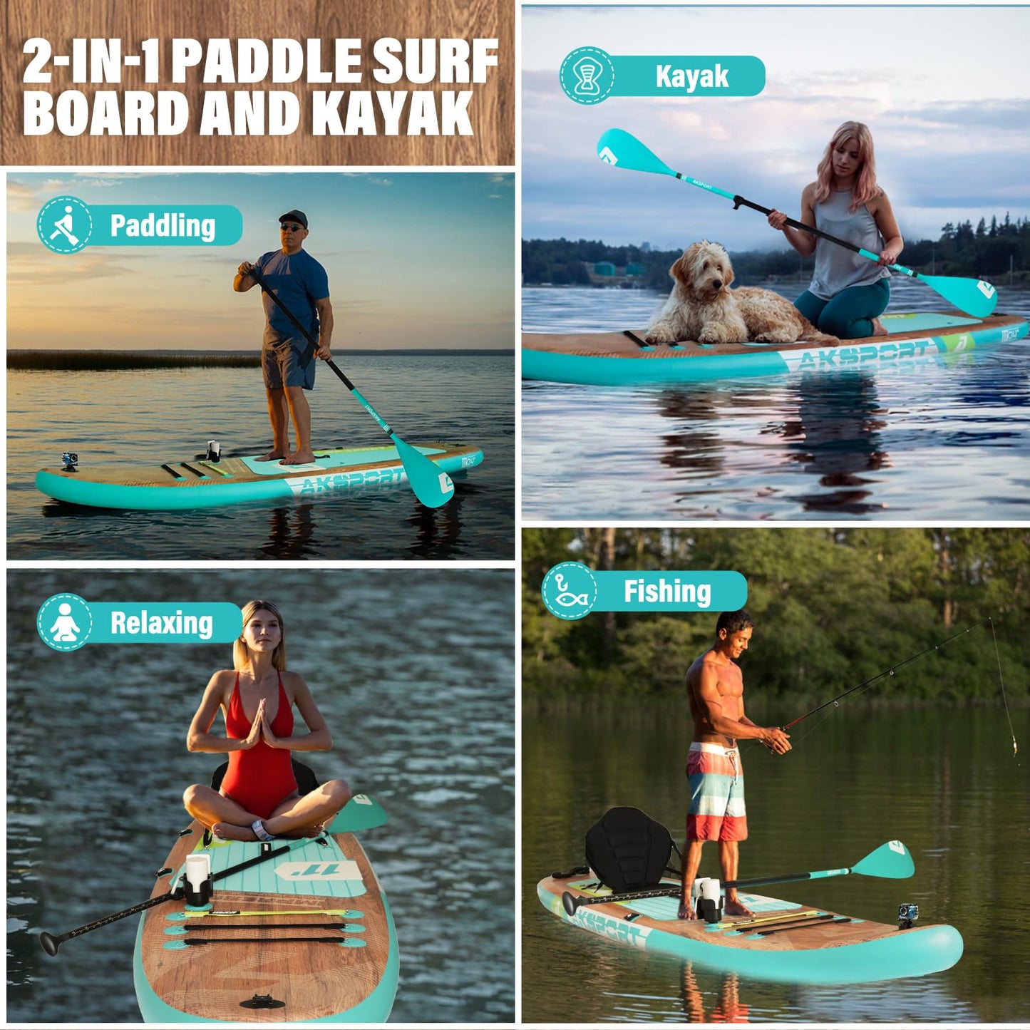 AKSPORT 11' Aufblasbares SUP Board mit Zubehör, breites rutschfestes Design – 2-in-1 Paddleboard/Kajak zum Paddeln & Angeln