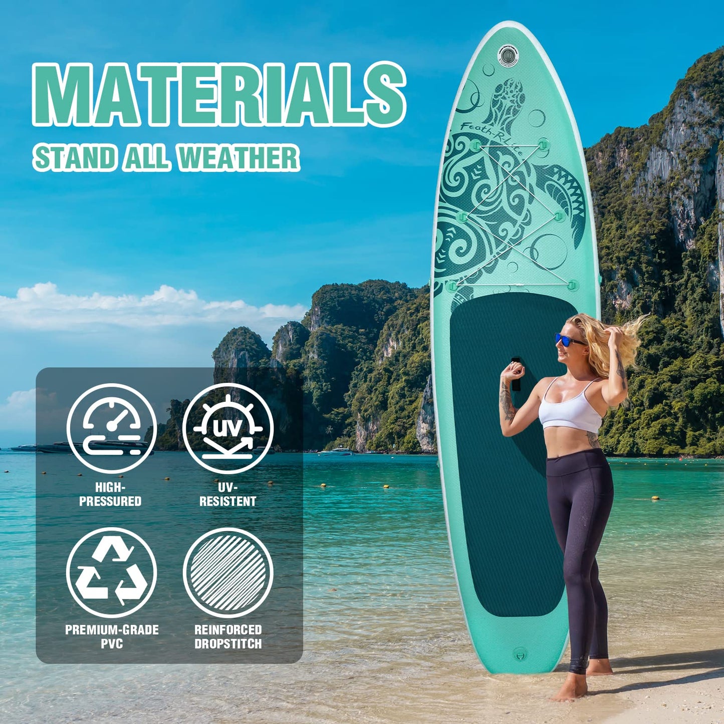 FEATH-R-LITE Aufblasbares SUP Board für Erwachsene | Komplett-Set mit Paddel, Pumpe, Rucksack, Leine & wasserdichter Tasche