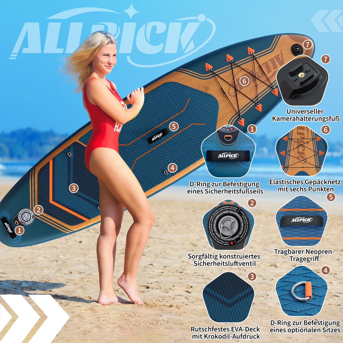 ALLPICK Premium SUP Board Set, Stand Up Paddling Board Aufblasbar, Mit Universal Kamerahalterung, Komplettes Zubehör, Verstellbares Paddel, Anfänger und Fortgeschrittene, 180kg Marineblau