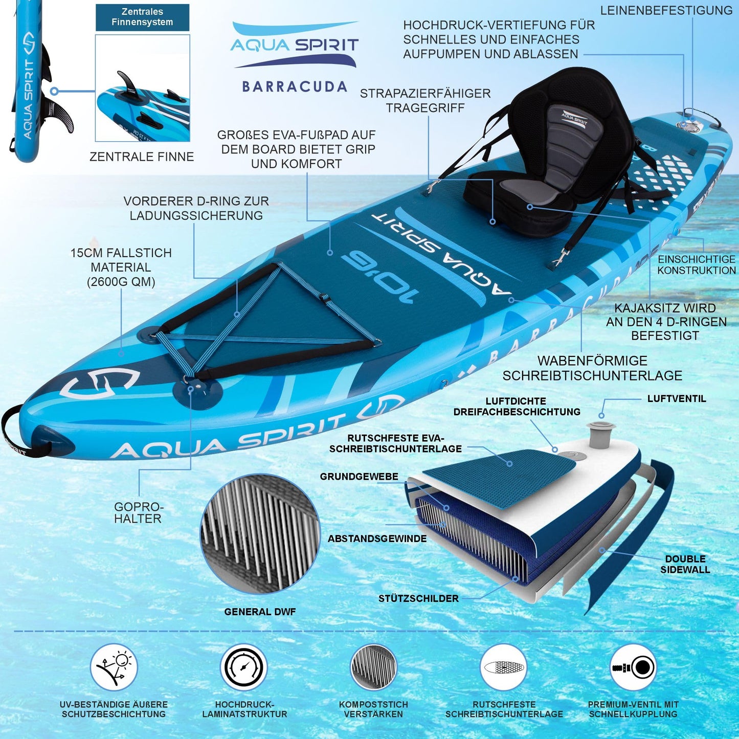 Aqua Spirit SUP Aufblasbares Stand-Up Paddle Board 2024 | 320x81x15cm | Kompletter Kajak-Umbausatz mit Paddel, Rucksack, Pumpe und weiterem Zubehör | Erwachsene Anfänger/Experten | 2 Jahre Garantie