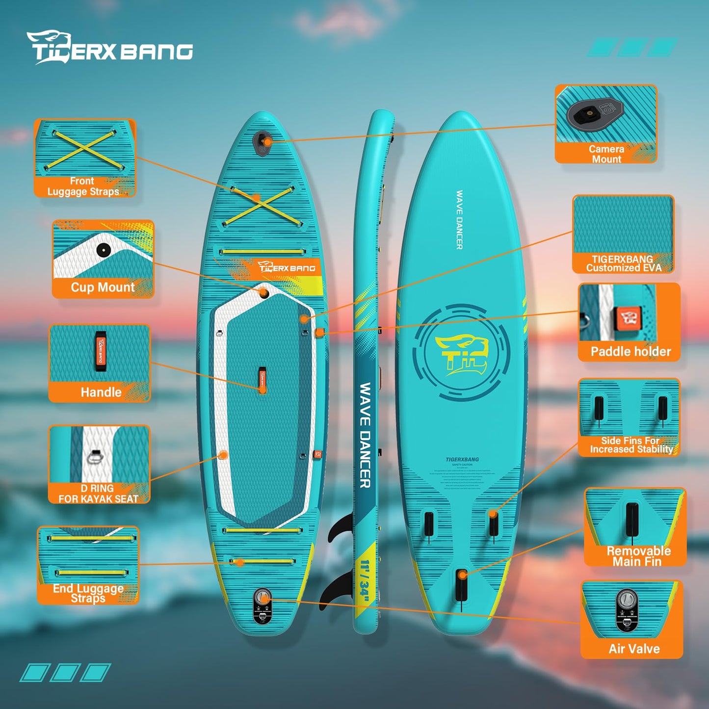 TIGERXBANG Aufblasbares Stand Up Paddle Board 335×86×15cm mit komplettem Zubehör, vielseitige Premium Paddle Boards für Erwachsene/Jugendliche, Paddle Board Wave Rider Dancer Collection-Himmelblau