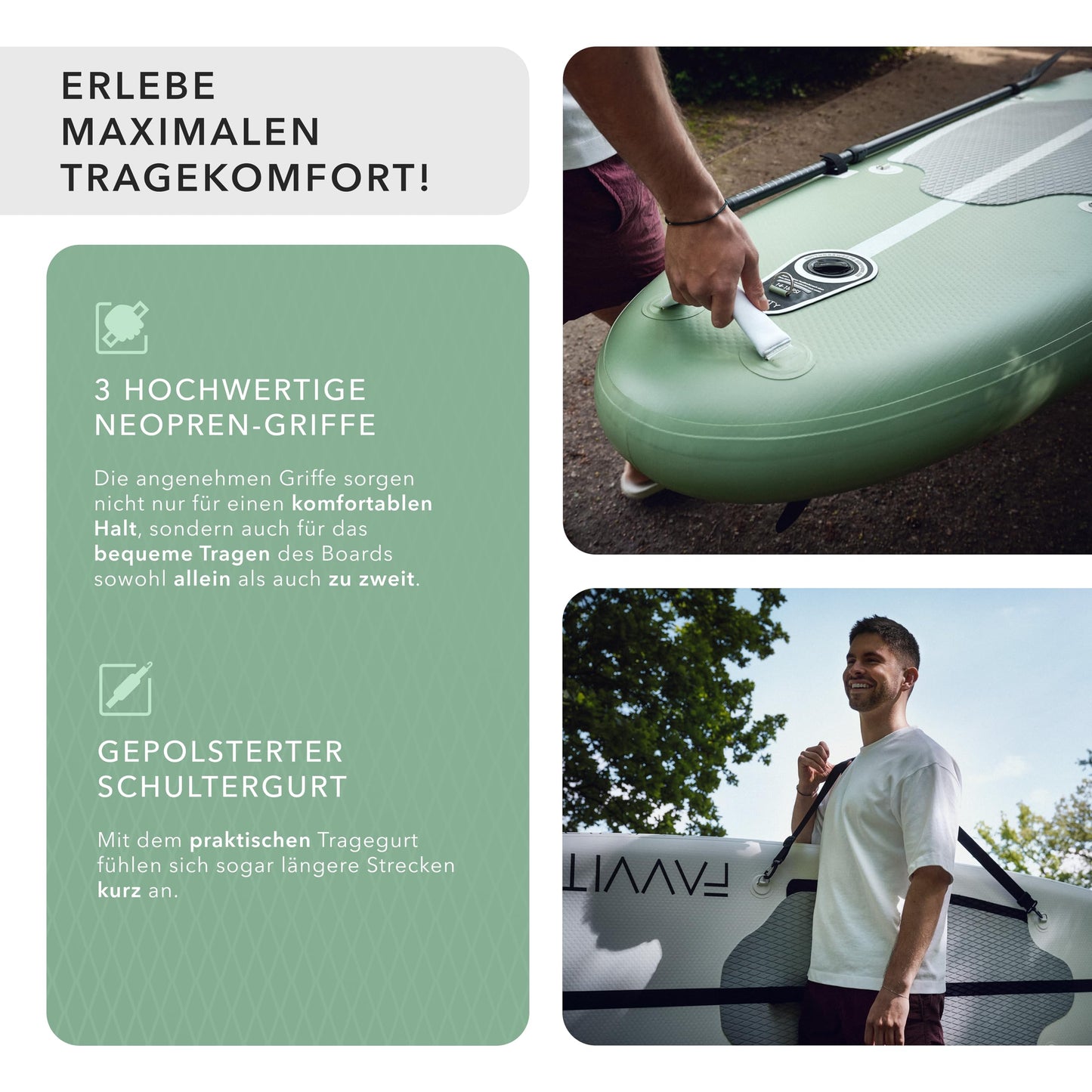 FAVVITY Aufblasbares SUP Board – Stilvoll & ultraleicht | 7 Jahre Garantie | Halb-Carbon Set | 150 kg Tragkraft | Allround Paddleboard