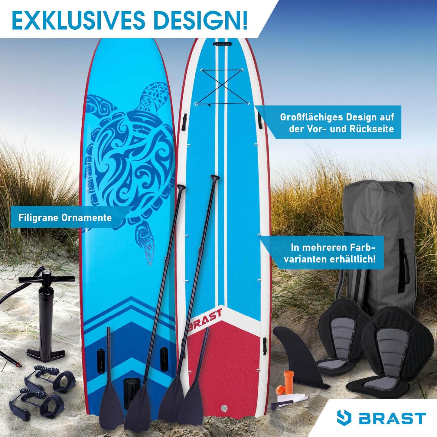 BRAST® SUP Board Family XXL 370x87x15 cm | bis 210 kg | 7 Designs | inkl. 2 Kajak-Sitze, 2 Paddel, Pumpe, Fußschlaufen, Rucksack – Modell Turtle
