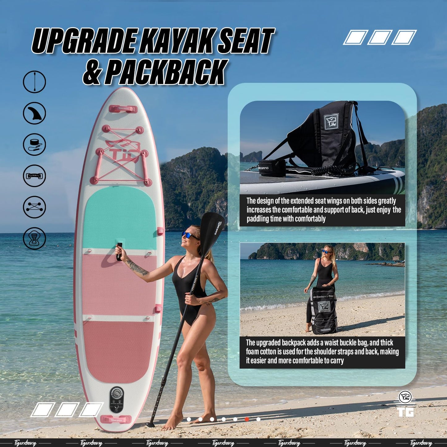 TIGERXBANG SUP Boards Stand Up Paddling Board 320x82x15cm, aufblasbare Paddle-Boards mit Doppelschläger-Paddel, Kajak-Sitz, Defender-Pro-Kollektion Rosa