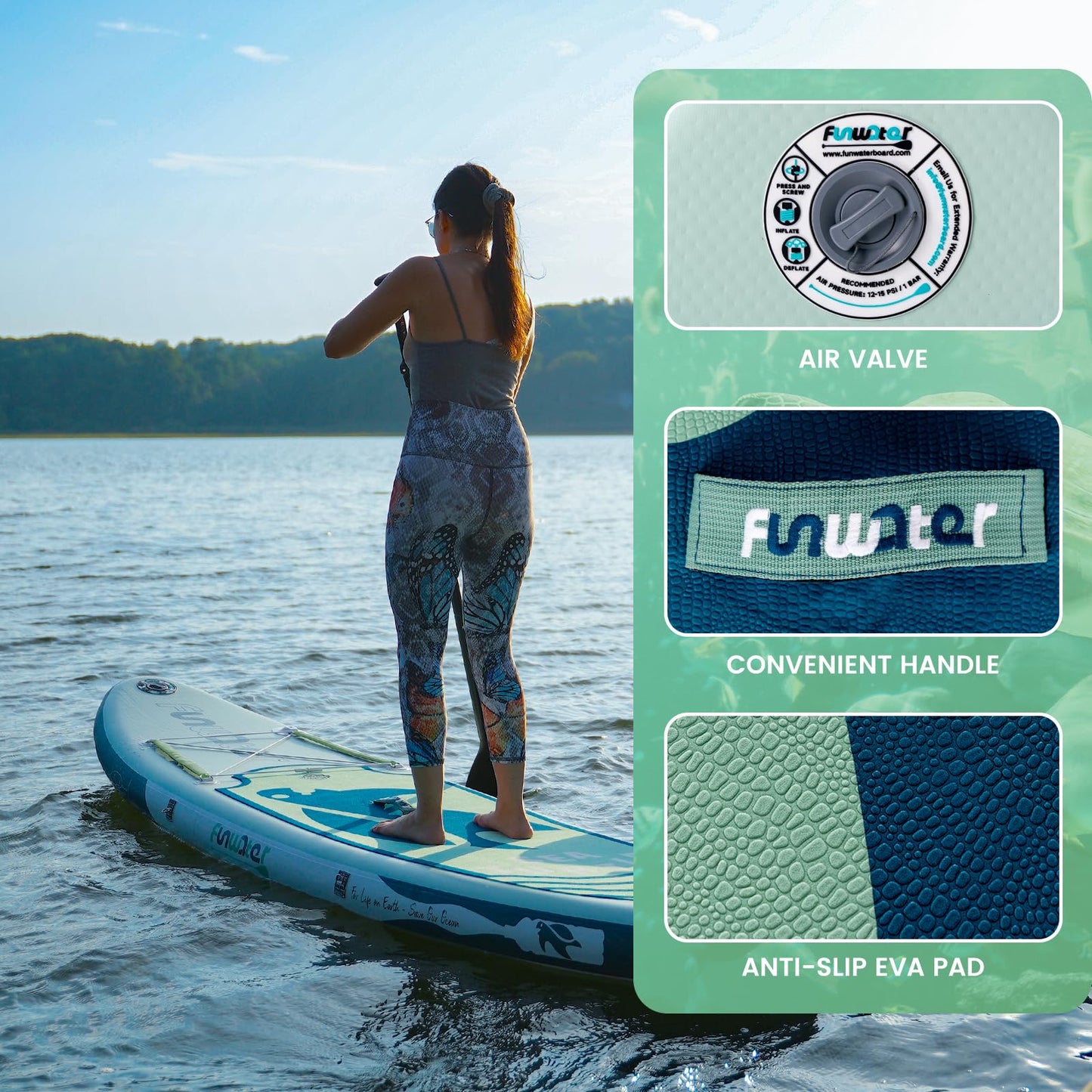 FunWater Aufblasbares SUP Board für Erwachsene | Komplett-Set mit Paddel, Pumpe, Rucksack, Leine & wasserdichter Tasche – Surfbrett & Paddleboard