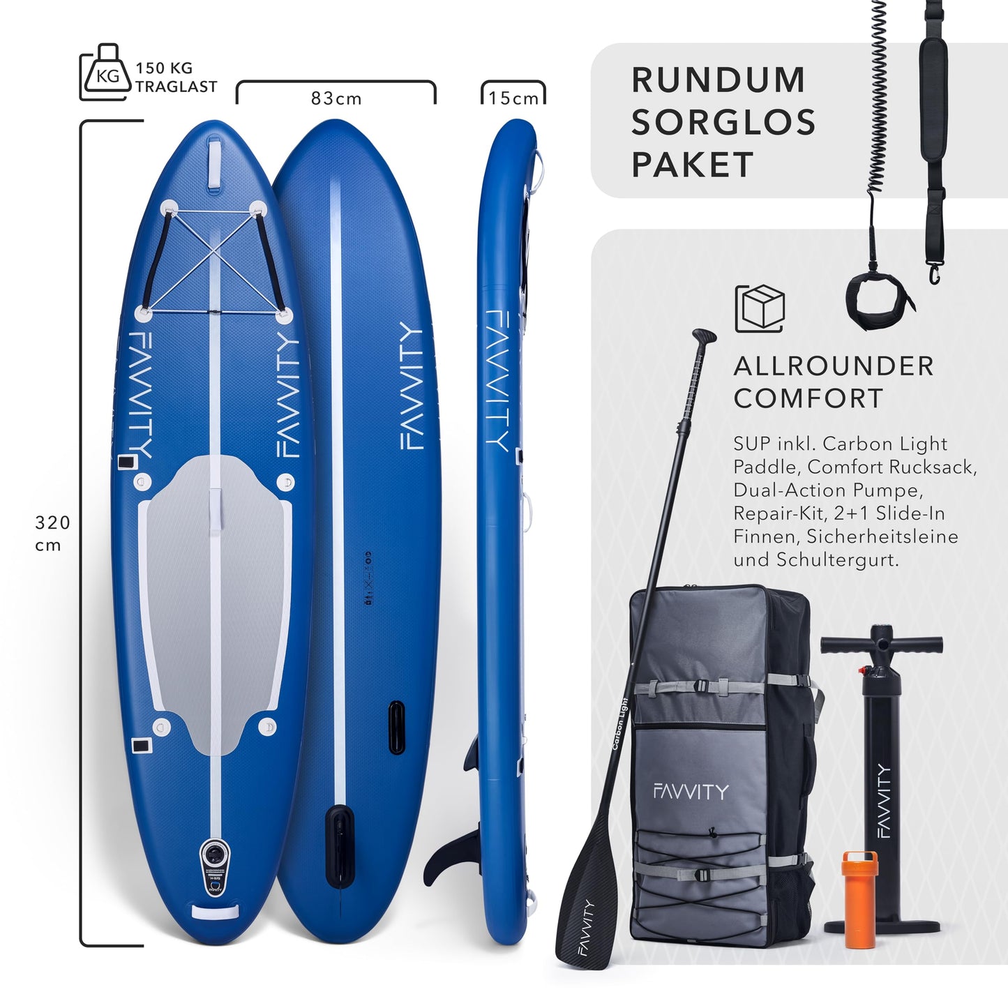 FAVVITY Aufblasbares SUP Board – Stilvoll & ultraleicht | 7 Jahre Garantie | Halb-Carbon Set | 150 kg Tragkraft | Allround Paddleboard