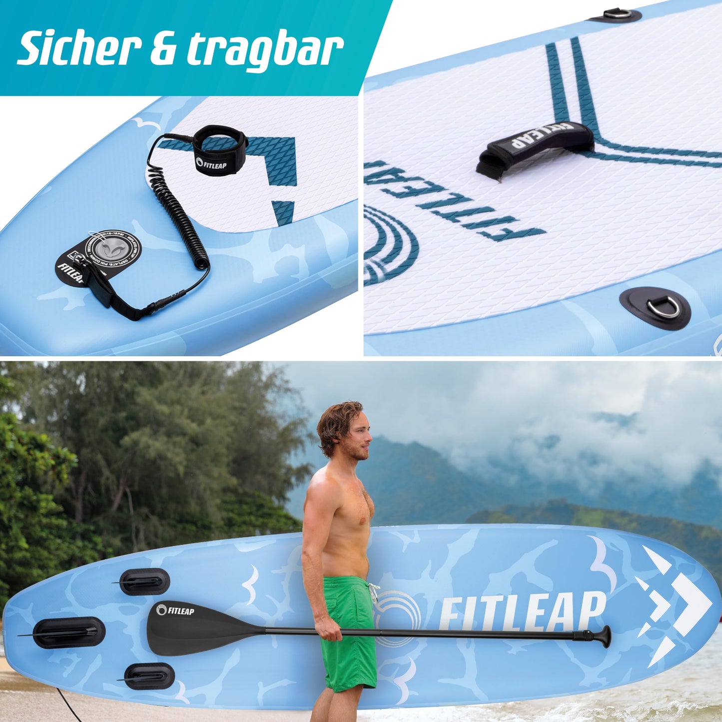 Fitleap Premium Aufblasbares SUP Board Set | Mit Pumpe, verstellbarem Paddel & Rucksack | Für Anfänger & Profis – Yoga, Surfen, Wassersport
