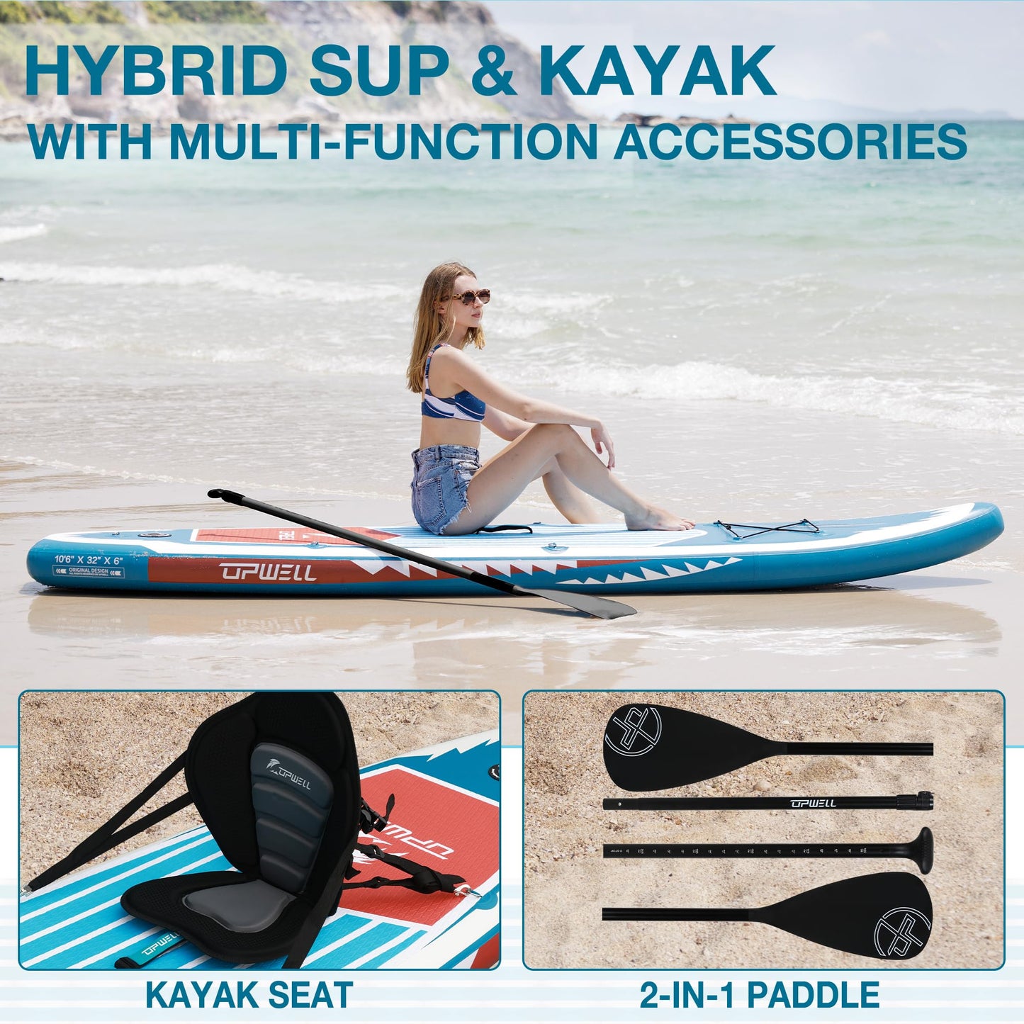 UPWELL 320x81x15cm Aufblasbares Stand Up Paddling Board mit Sitz, SUP Board Standup Paddle Board Paddleboard, Blue Shark