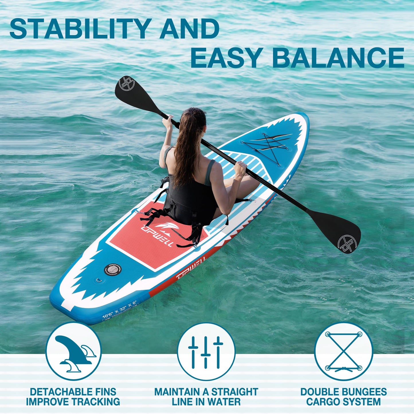 UPWELL 320x81x15cm Aufblasbares Stand Up Paddling Board mit Sitz, SUP Board Standup Paddle Board Paddleboard, Blue Shark