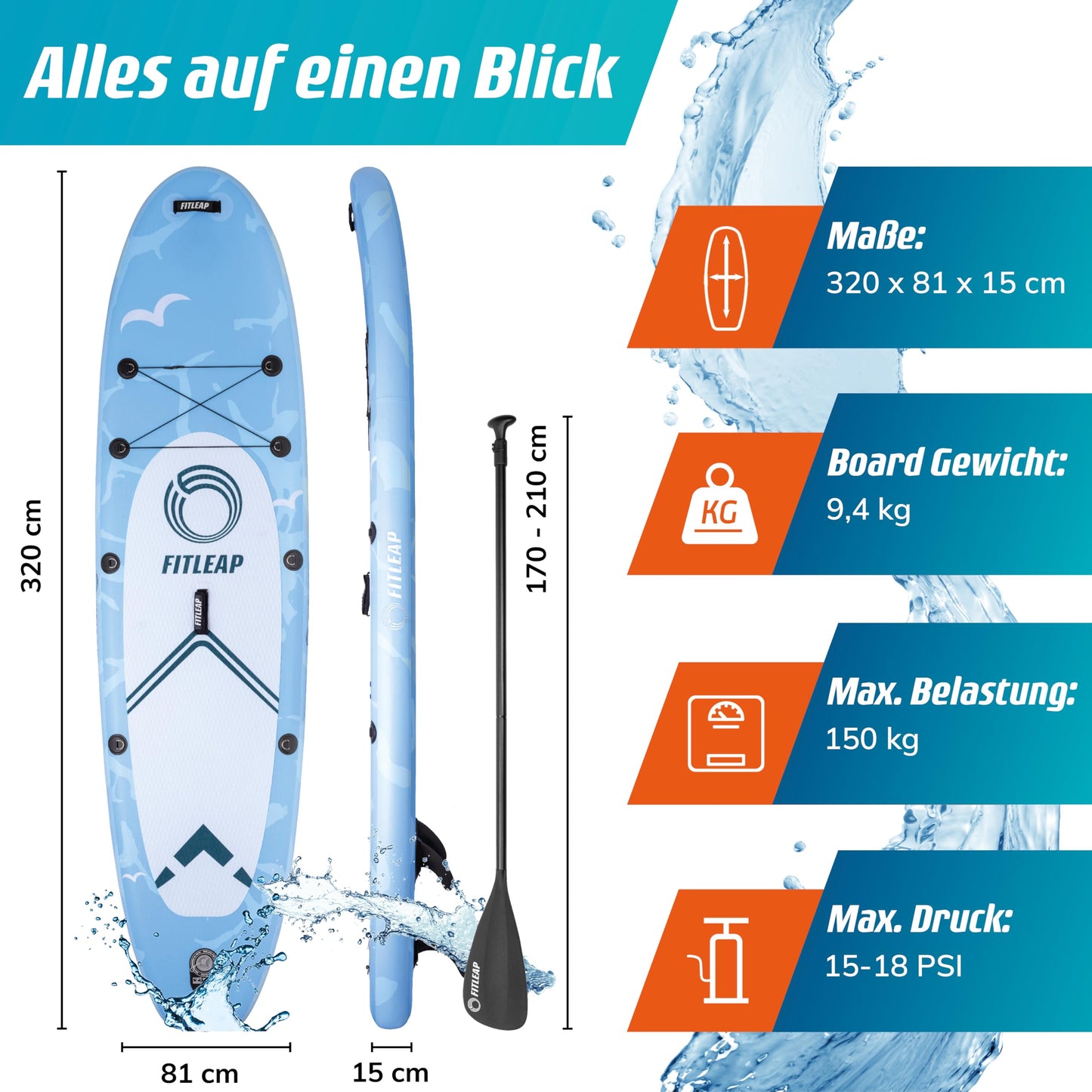 Fitleap Premium Aufblasbares SUP Board Set | Mit Pumpe, verstellbarem Paddel & Rucksack | Für Anfänger & Profis – Yoga, Surfen, Wassersport
