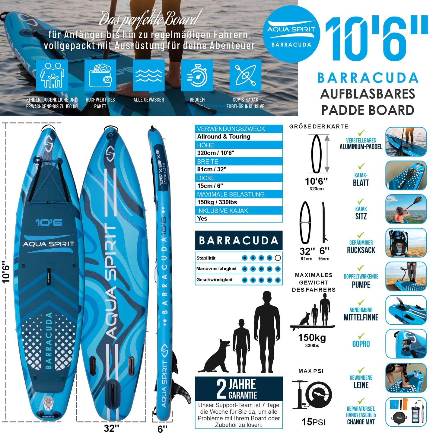Aqua Spirit SUP Aufblasbares Stand-Up Paddle Board 2024 | 320x81x15cm | Kompletter Kajak-Umbausatz mit Paddel, Rucksack, Pumpe und weiterem Zubehör | Erwachsene Anfänger/Experten | 2 Jahre Garantie