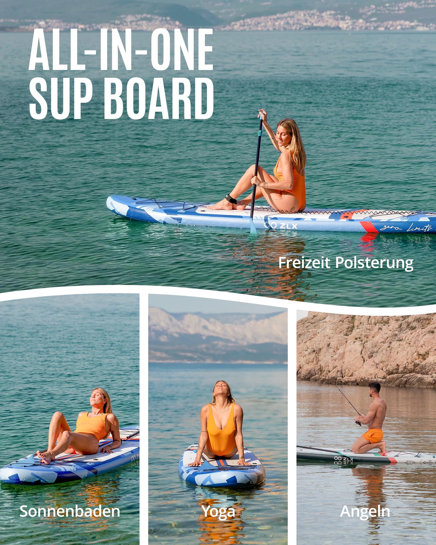 ZLX 350cm Extra Groß Stand Up Paddle Board mit Sitz Große Tragfähigkeit 550LB Inflatable Paddle Board für Erwachsene Anfängerfreundlich Stabiles Anti-Rutsch-Deck, Pumpe, SUP Paddle