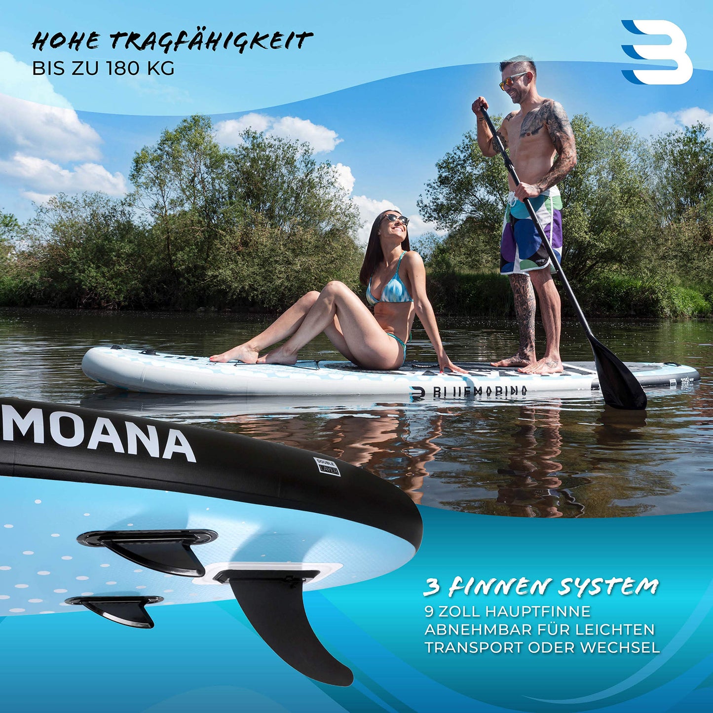 Bluemarina Aufblasbares SUP Board Moana | 5 Jahre Garantie | 325x85x15 cm | bis 180 kg | Komplett-Set Paddleboard/Surfbrett