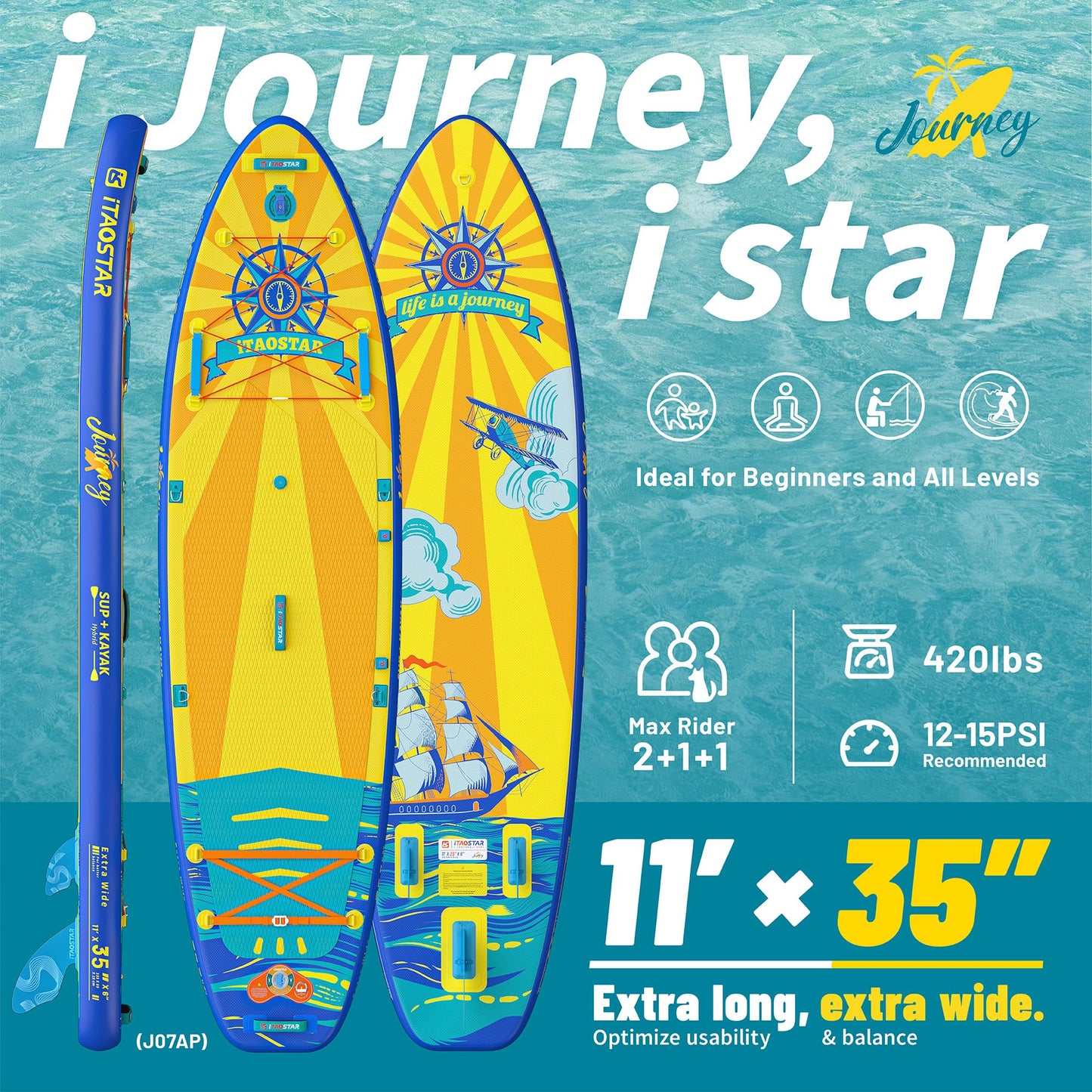 iTAOSTAR J07A 35" Extra breites aufblasbares SUP Board mit Premium-Zubehör | Für Erwachsene & Jugendliche aller Fähigkeitsstufen
