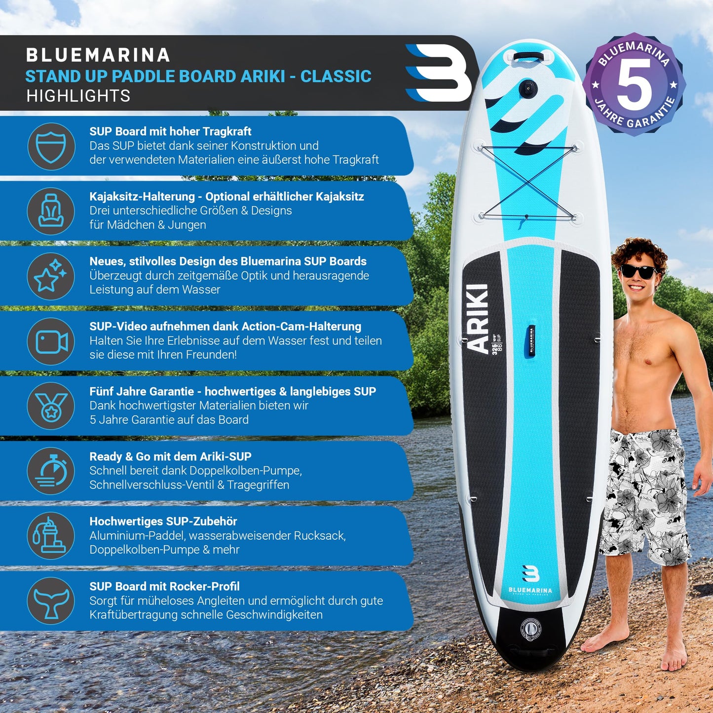 Bluemarina Stand Up Paddle Board aufblasbar Ariki | ๐ ๐๐๐๐๐ ๐๐๐๐๐๐๐๐ - 140 kg Tragkraft - Paddling Set - SUP Board - Surfbrett (Ariki 325x86x15cm)