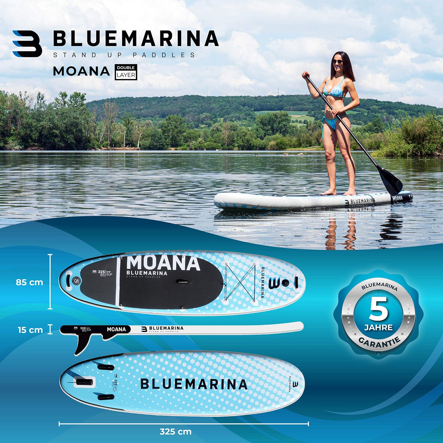 Bluemarina Aufblasbares SUP Board Moana | 5 Jahre Garantie | 325x85x15 cm | bis 180 kg | Komplett-Set Paddleboard/Surfbrett