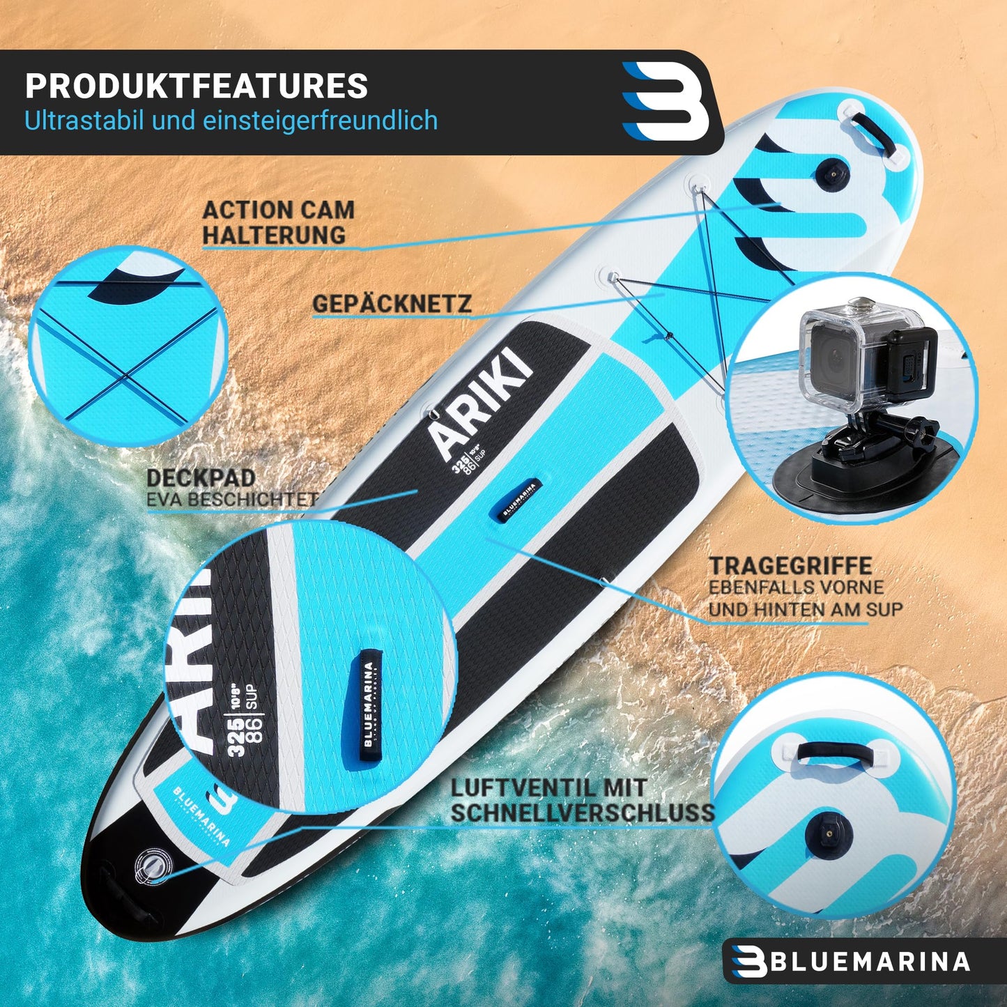 Bluemarina Stand Up Paddle Board aufblasbar Ariki | ๐ ๐๐๐๐๐ ๐๐๐๐๐๐๐๐ - 140 kg Tragkraft - Paddling Set - SUP Board - Surfbrett (Ariki 325x86x15cm)